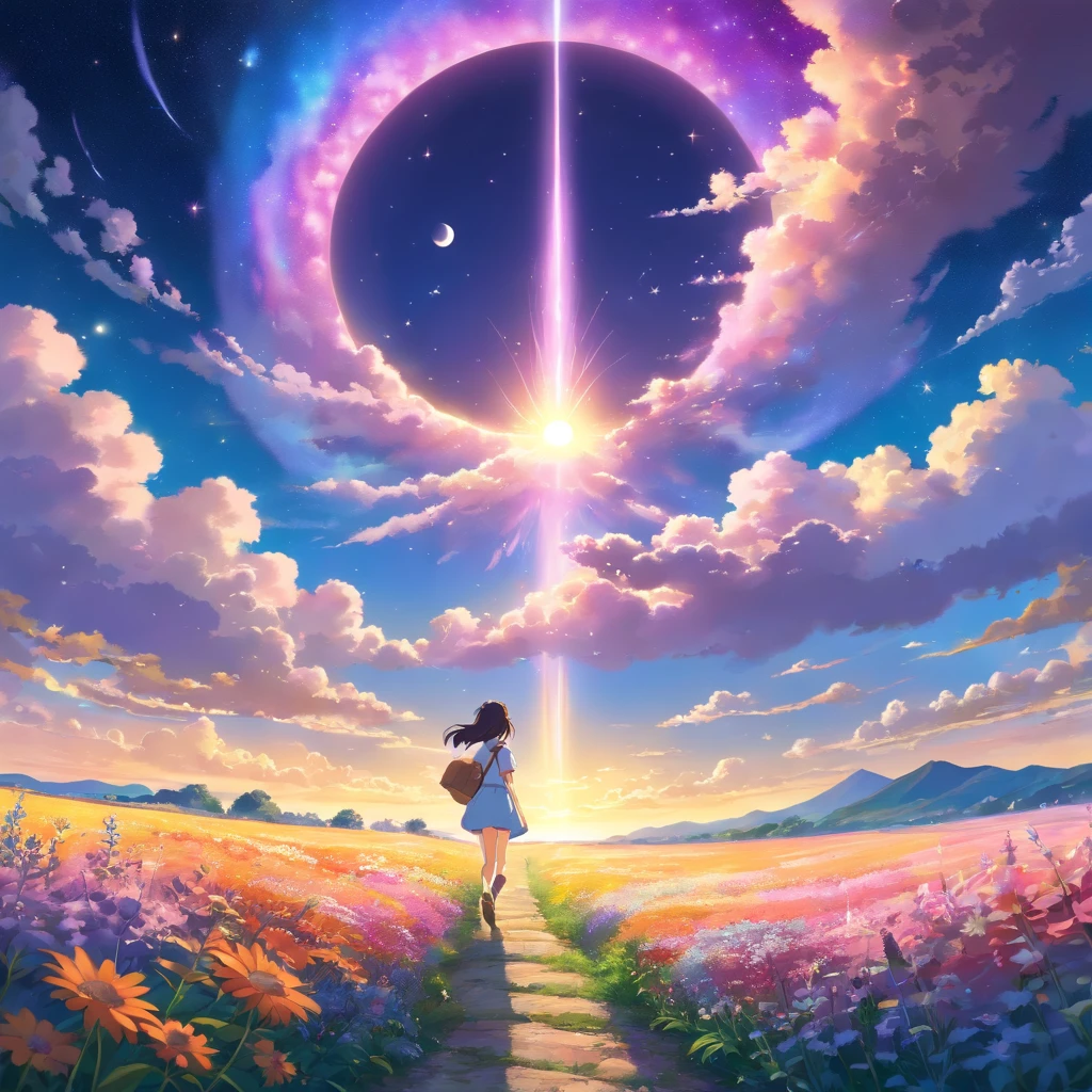 Makoto Shinkai, expansive landscape photograph , (a view from below that shows sky above and open field below), a girl standing on flower field looking up, (full moon:1.2), ( shooting stars:0.9), (nebula:1.3), distant mountain, tree BREAK production art, (warm light source:1.2), (Firefly:1.2), lamp, lot of purple and orange, intricate details, volumetric lighting BREAK (masterpiece:1.2), (best quality), 4k, ultra-detailed, (dynamic composition:1.4), highly detailed, colorful details,( iridescent colors:1.2), (glowing lighting, atmospheric lighting), dreamy, magical, (solo:1.2)