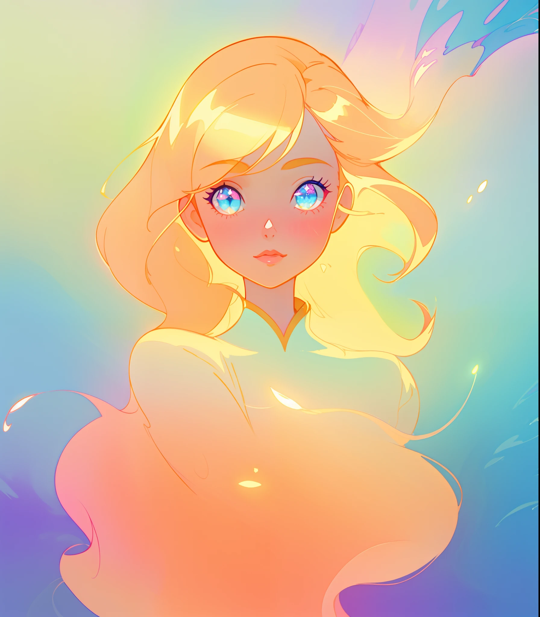 beautiful flowing dress, beautiful anime girl, portrait, vibrant pastel colors, (colorful), magical lights, flowing golden hair, liquid lines of light, inspired by Glen Keane, inspired by Lois van Baarle, disney art style, by Lois van Baarle, glowing aura around her, by Glen Keane, jen bartel, glowing lights! digital painting, flowing glowing hair, glowing flowing hair, beautiful digital illustration, fantasia background, whimsical, magical, fantasy, beautiful face, ((masterpiece, best quality)), intricate details, highly detailed, sharp focus, 8k resolution, sparkling detailed eyes, liquid watercolor