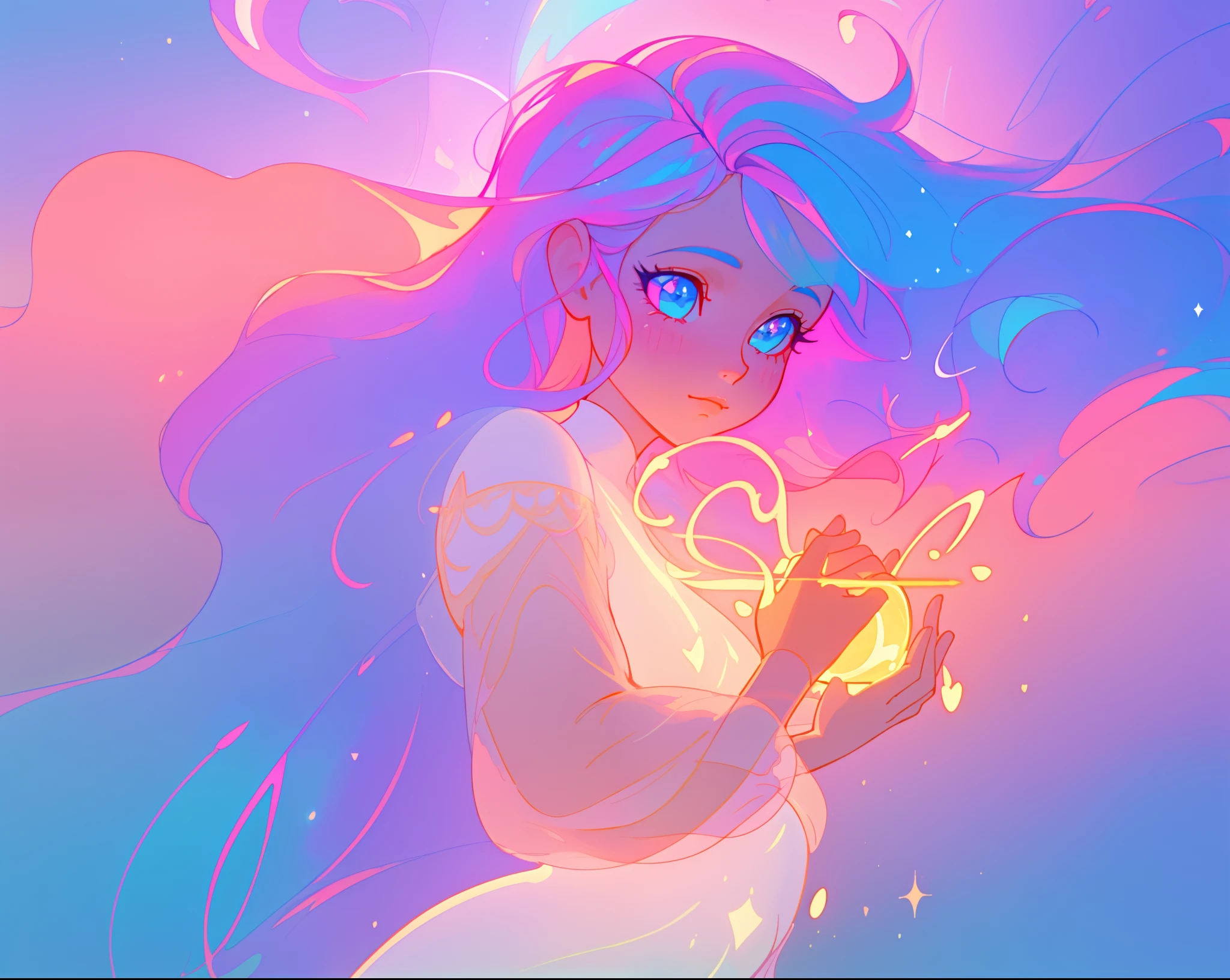 beautiful girl holding a glowing golden light, beautiful girl in flowing white dress, vibrant pastel colors, (colorful), pink purple blue theme, magical lights, colorful long hair made of liquid light, sparkling lines of light, inspired by Glen Keane, inspired by Lois van Baarle, disney art style, by Lois van Baarle, glowing aura around her, by Glen Keane, jen bartel, glowing lights! digital painting, flowing glowing hair, glowing flowing hair, beautiful digital illustration, fantasia background, whimsical, magical, fantasy, beautiful face, ((masterpiece, best quality)), intricate details, highly detailed, sharp focus, 8k resolution, sparkling detailed eyes, liquid watercolor