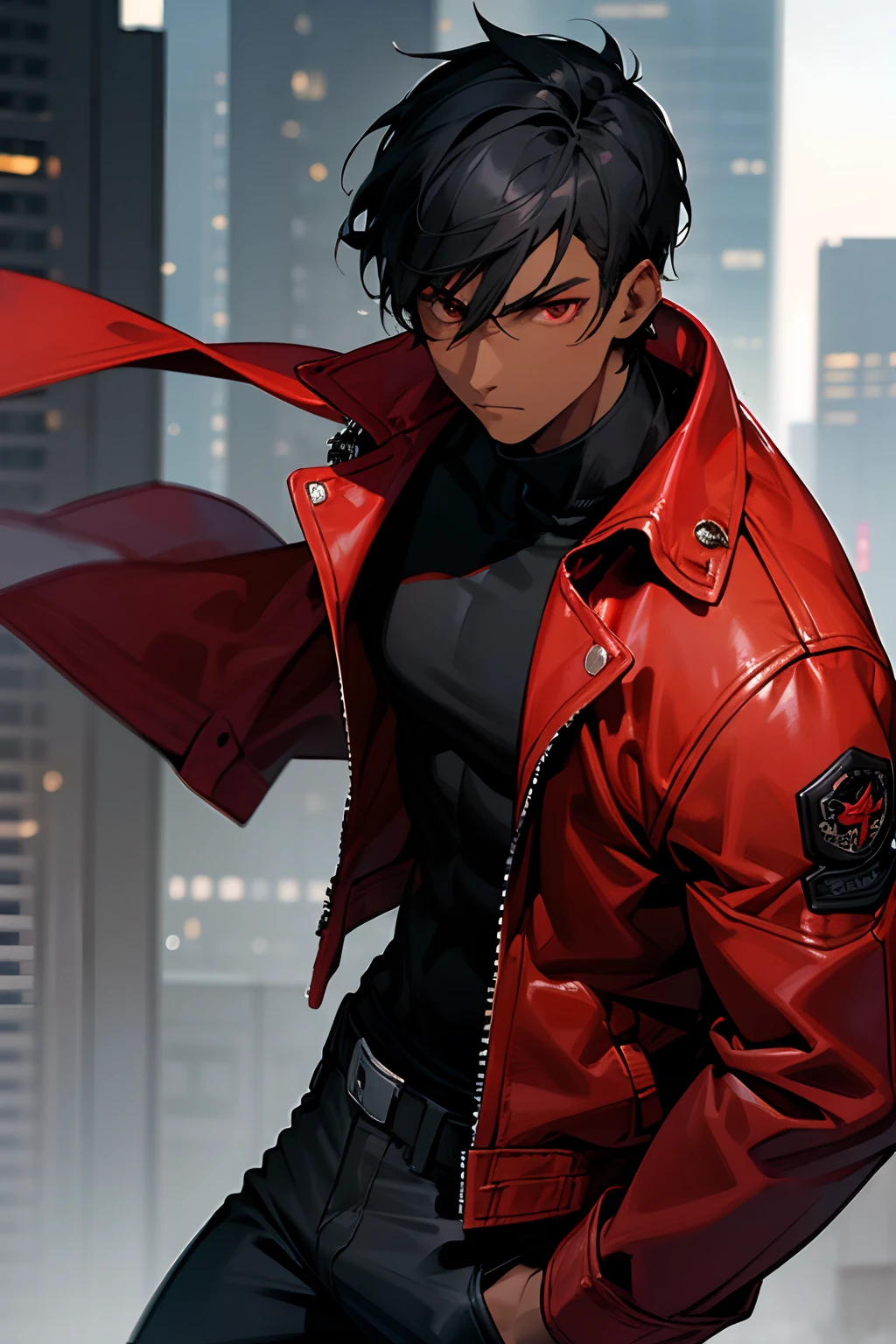 ((Maximum quality, work of art, 4K, finely detailled, detailedeyes, face detailed, gelbooru, pixiv)), warm lighting, ((standing alone)), 1 men, bonitas, masculine, adult and mature man, broadshouldered, Close face ((black hair with white streak in the bangs, having black horns), portraite, brave face. looking at the observer, ((angry eyes, half covered, red eyes with white pupils)), wearing a black and red suit, having staves), background of the destroyed city