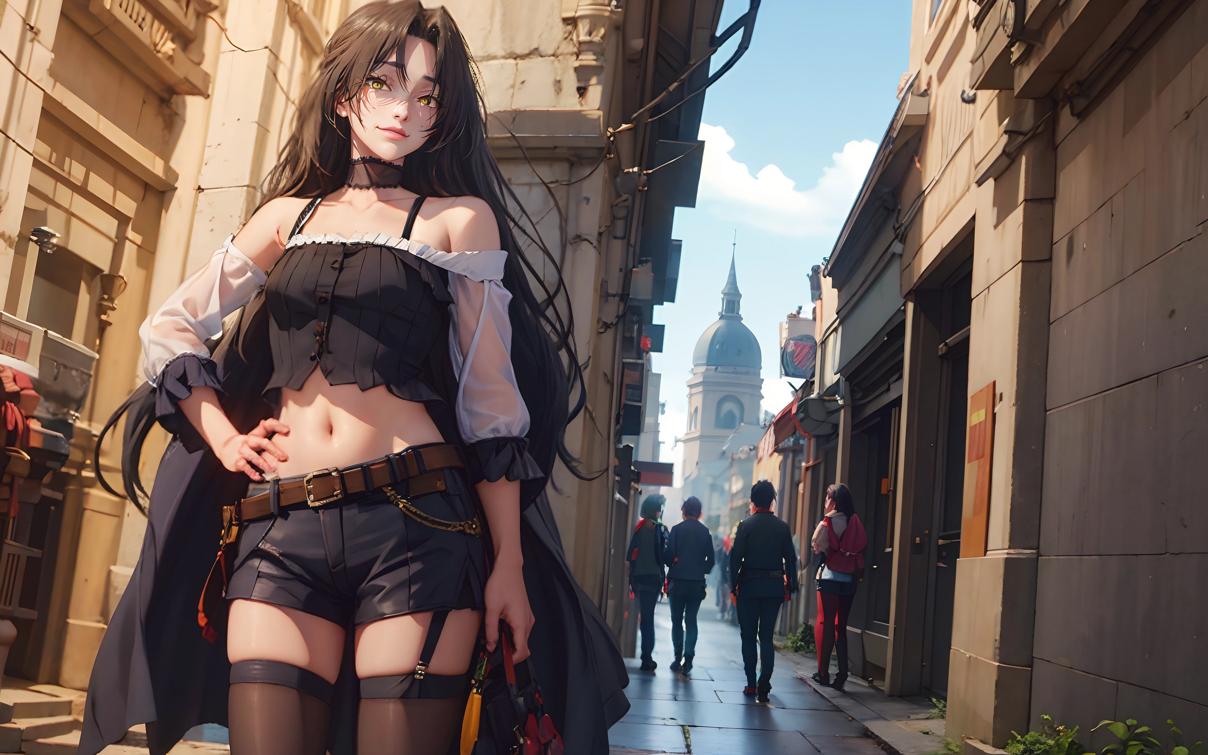 , (long hair, black hair:1.6), yellow eyes, sweating, choker, 1girl, thighhighs, belt, navel, breasts, midriff, cleavage, shorts, hand_on_hip, standing, solo, day, black_legwear, medium_breasts, looking_at_viewer, weapon, long_sleeves, thigh_strap, sky, building, glow effects, godrays, Hand drawn, render, 8k, octane render, cinema 4d, blender, dark, atmospheric 4k ultra detailed, cinematic, Sharp focus, big depth of field, Masterpiece, colors, 3d octane render, 4k, concept art, trending on artstation, hyperrealistic, Vivid colors, extremely detailed CG unity 8k wallpaper, trending on CGSociety, Intricate, High Detail, dramatic"",