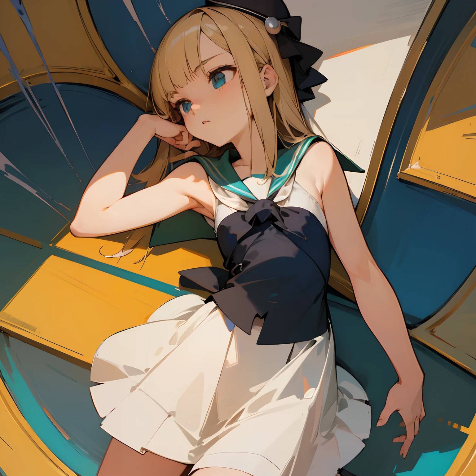Reines, 1girl, high quality, best quality, illustration, masterpiece, (highly detailed:1.2), (extremely detailed:1.3), flat chest, bare shoulders, young girl, sailor uniform, summer, sleeveless, sailor dress, loli
