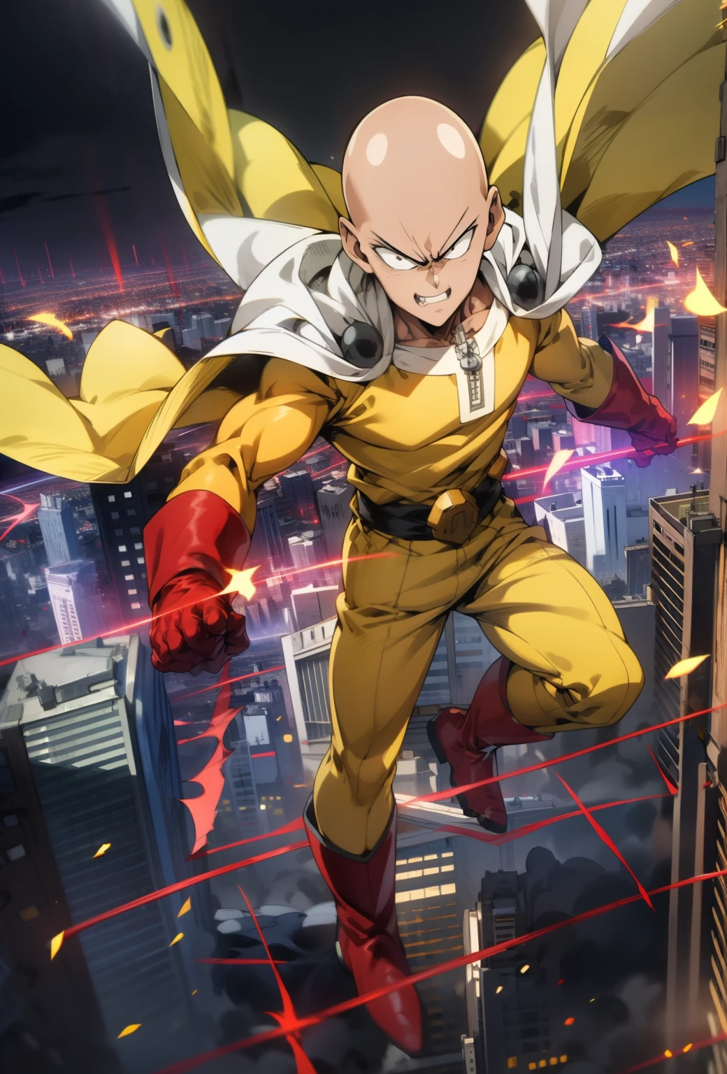 masterpiece, best quality, 1boy, (saitama), blad head, yellow clothe, black eyes, red gloves, red boots, standing, smiling, angry face, aura power, night, natural light, flying, angry eyes, evil smiling, yellow hair, male focus, strong muscles, movie composition, flying, bokeh, (futuristic), (full body), city view, flying above the city, scary look, godly strenght, he goes super saiyan, yellow emergy around him, screaming, super angry