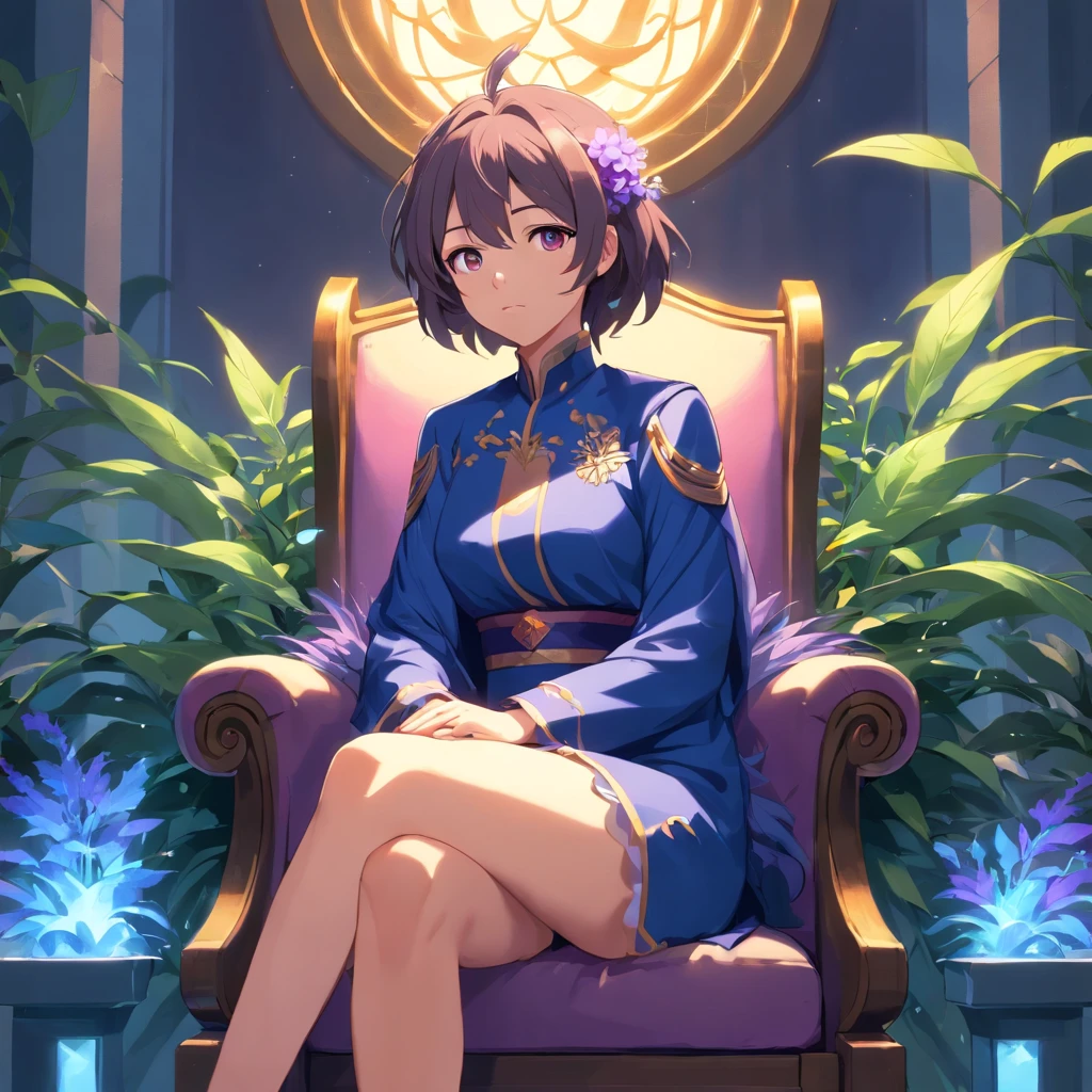 Solo, older woman, royal, royalty, amber eyes, hair (brunette, long, wavy, fluffy: 1.0), expression(serious, disappointed), fantasy, sitting on throne, backgeound( gray, blue, purple, plants), rich in colors