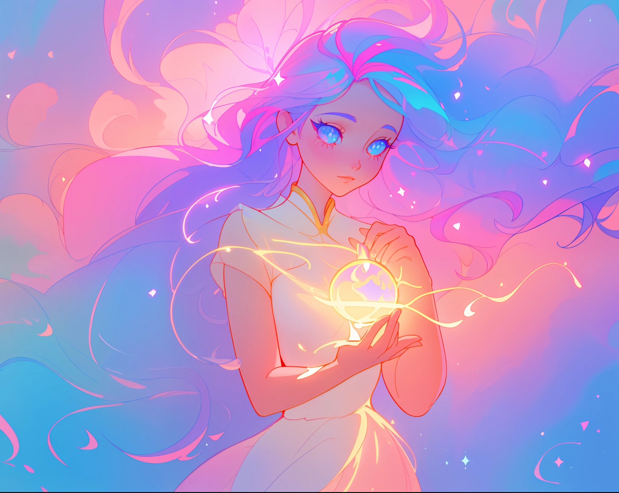 beautiful girl holding a glowing golden light, beautiful girl in flowing white dress, vibrant pastel colors, (colorful), pink purple blue theme, magical lights, colorful long hair made of liquid light, sparkling lines of light, inspired by Glen Keane, inspired by Lois van Baarle, disney art style, by Lois van Baarle, glowing aura around her, by Glen Keane, jen bartel, glowing lights! digital painting, flowing glowing hair, glowing flowing hair, beautiful digital illustration, fantasia background, whimsical, magical, fantasy, beautiful face, ((masterpiece, best quality)), intricate details, highly detailed, sharp focus, 8k resolution, sparkling detailed eyes, liquid watercolor