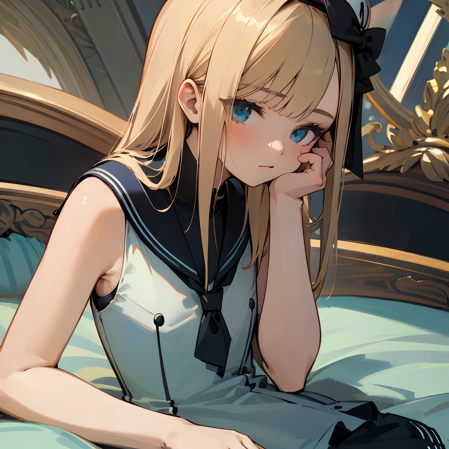 Reines, 1girl, high quality, best quality, illustration, masterpiece, (highly detailed:1.2), (extremely detailed:1.3), flat chest, bare shoulders, young girl, sailor uniform, summer, sleeveless, sailor dress, loli