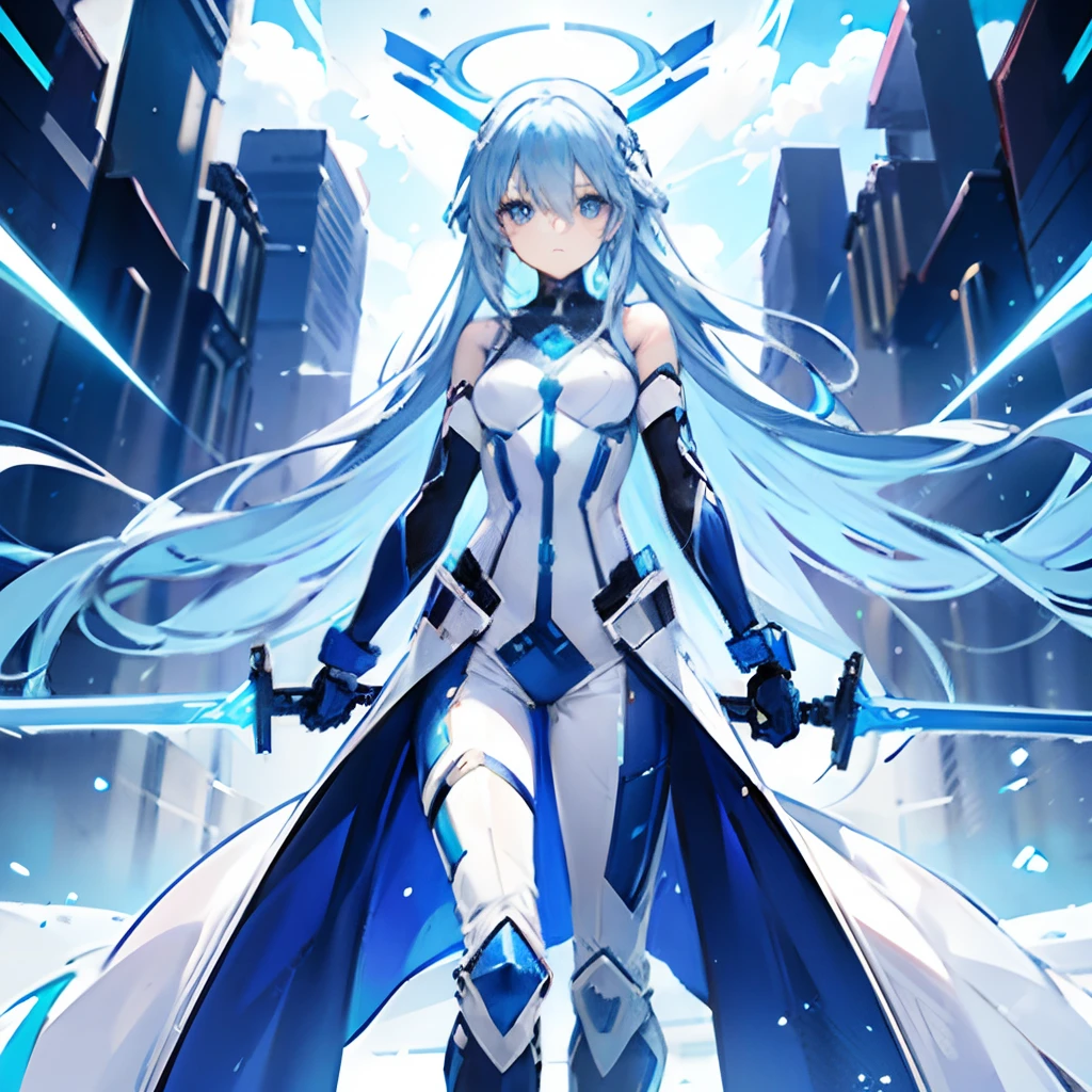 Cold girl White pupils Aqua blue hair Long hair Cold expression，White jumpsuit，High-tech armor，Laser sword in hand，frontage，frontal photos，full-body photo on the front，All body，Background city，with blue sky and white clouds