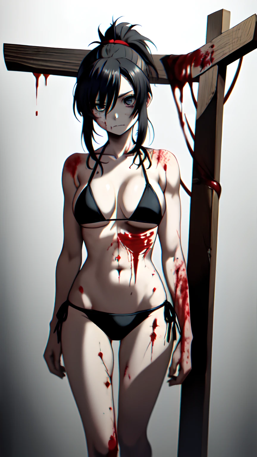 Anime girls with black hair, Ponytail wearing a black string bikini,There is a scar on the left eye.................................., Blood stains and wounds on the body................................, Chest ball,full body shots,The girl who was crucified........, Blood.Pictures with blood,The body is blood.....,