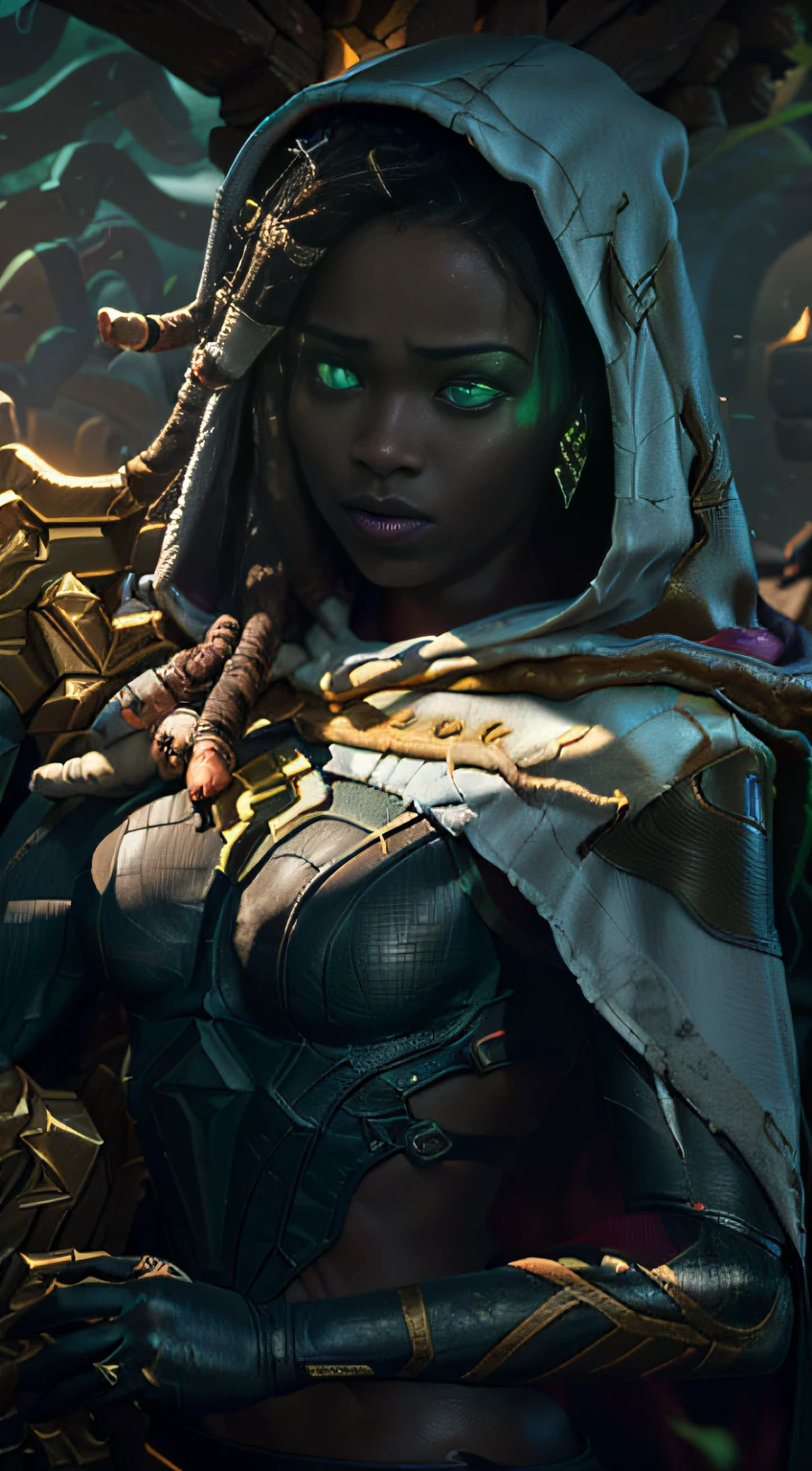 (masterpiece, ultra quality, high resolution, 8k, intricate: 1.2), (senna, from league of legends:1.6), (dark sea, dark green mist:1.2), (holding her weapon, brown top, white bottom, golden finishes:1.1), (small white cloak, hood:1.2)