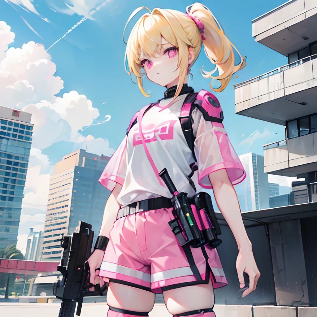 Light yellow hair，Double ponytail hairstyle，Pink eyes，Pink pupils，s girl，Short-sleeved shorts，High-tech armor，Gun in hand，frontage，frontal photos，full-body photo on the front，All body，Background city，with blue sky and white clouds