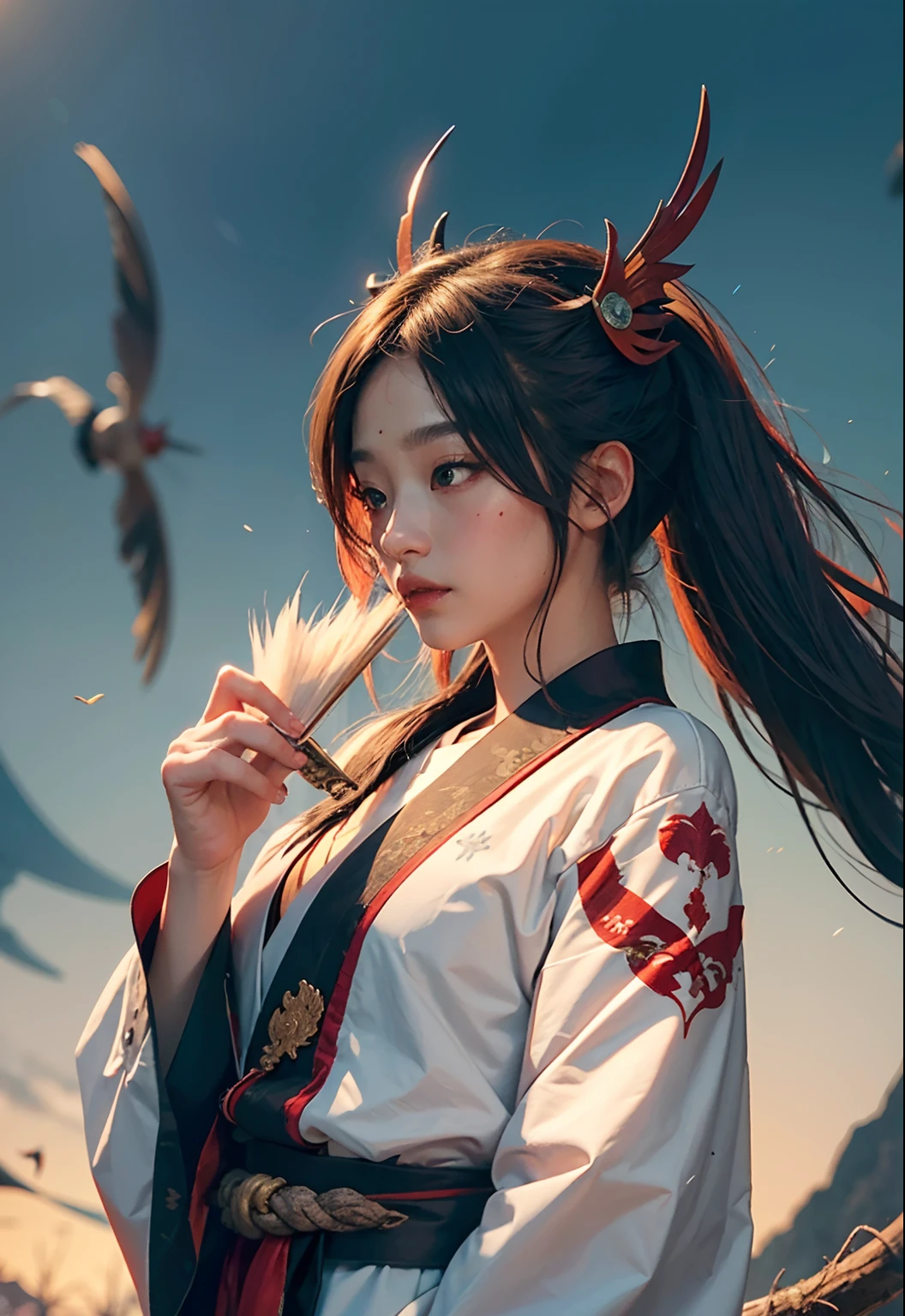 official art, unity 8k wallpaper, (high detail), beautiful and aesthetic, masterpiece, best quality,realistic,
Tengu mage, Tengu feathered fan, wind spell, tengu familiar, tengu mountain, shinto magic,
Delicate Illumination, Soft Highlights, Understated Depth,