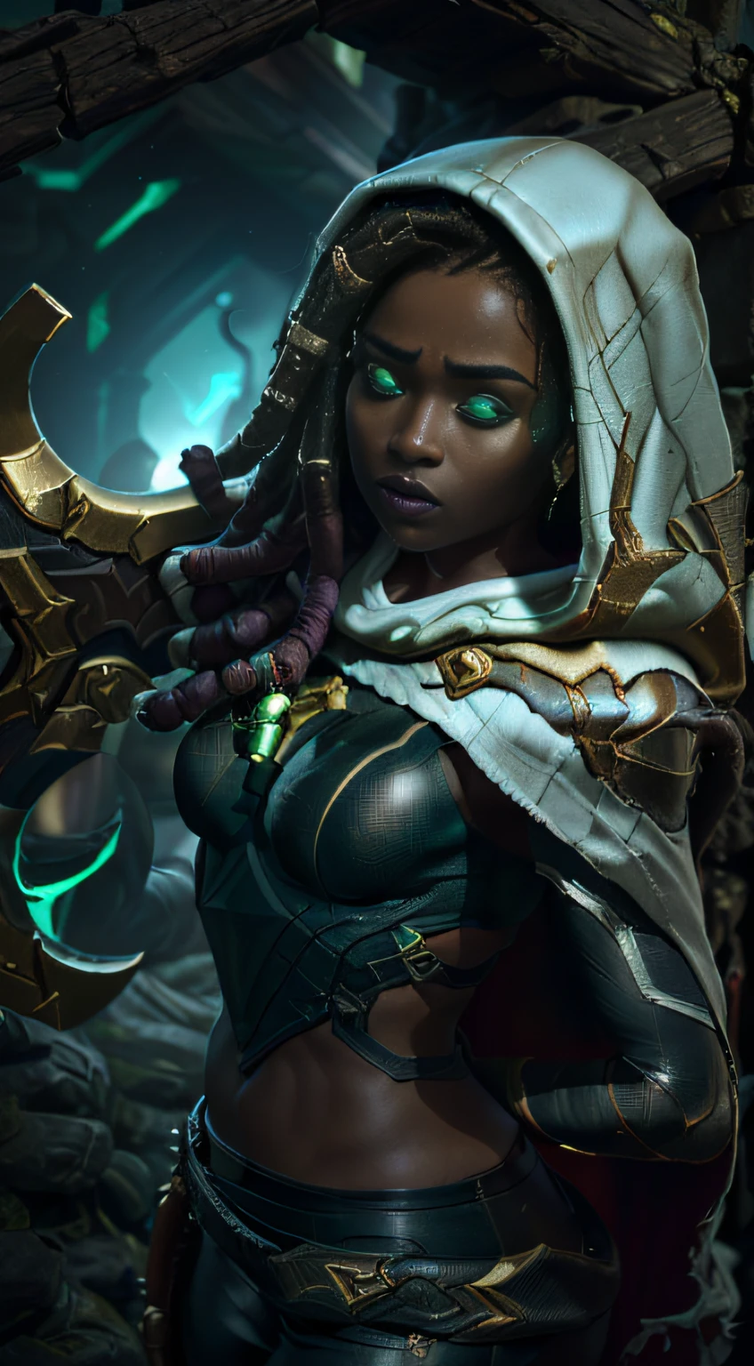 (masterpiece, ultra quality, high resolution, 8k, intricate: 1.2), (senna, from league of legends:1.6), (dark sea, dark green mist:1.2), (holding her weapon, brown top, white bottom, golden finishes:1.1), (small white cloak, hood:1.2)