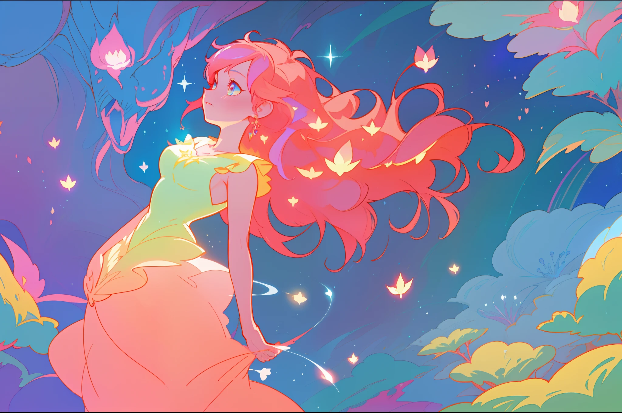 beautiful anime girl in white princess puffy layered ballgown, vibrant pastel colors, (colorful), magical lights, flowing long red hair, sparkling lines of light, inspired by Glen Keane, inspired by Lois van Baarle, disney art style, by Lois van Baarle, glowing aura around her, by Glen Keane, jen bartel, glowing lights! digital painting, flowing glowing hair, glowing flowing hair, beautiful digital illustration, fantasia background, whimsical, magical, fantasy, beautiful face, ((masterpiece, best quality)), intricate details, highly detailed, sharp focus, 8k resolution, sparkling detailed eyes, liquid watercolor, ((otherworldly plants and landscape)), colorful landscape, colorful plants