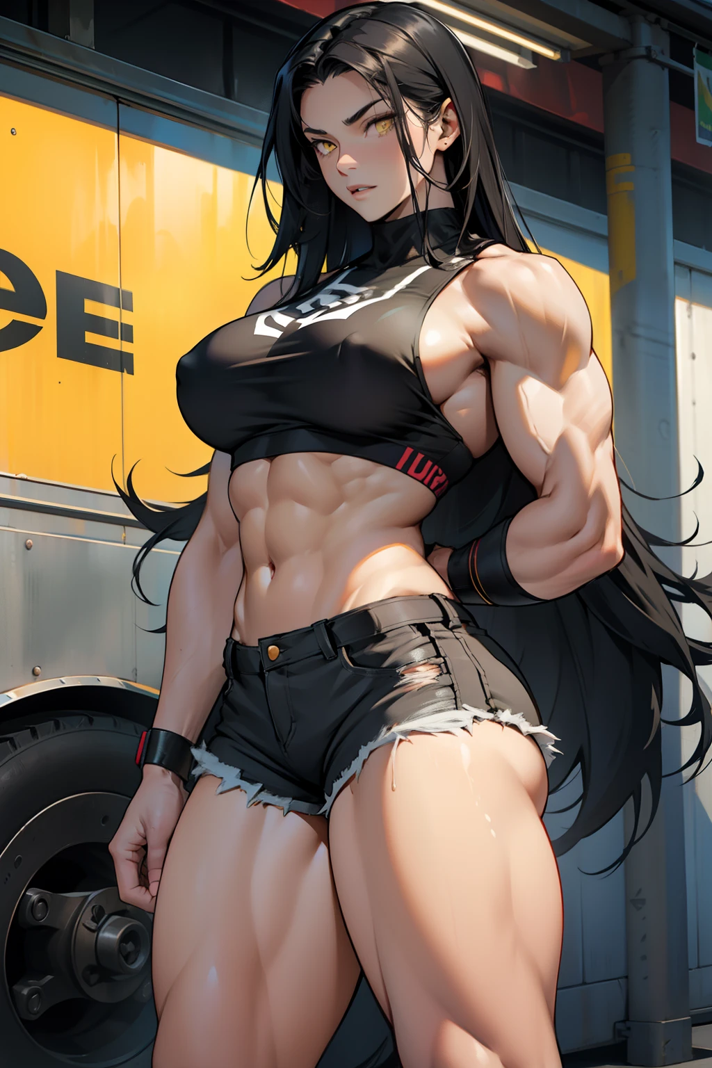black hair, very long hair, yellow eyes, thick thighs, huge breasts, ((muscular)), pale skin, tight ripped leggings shorts, ripped bikini top, toned body, 1 girl