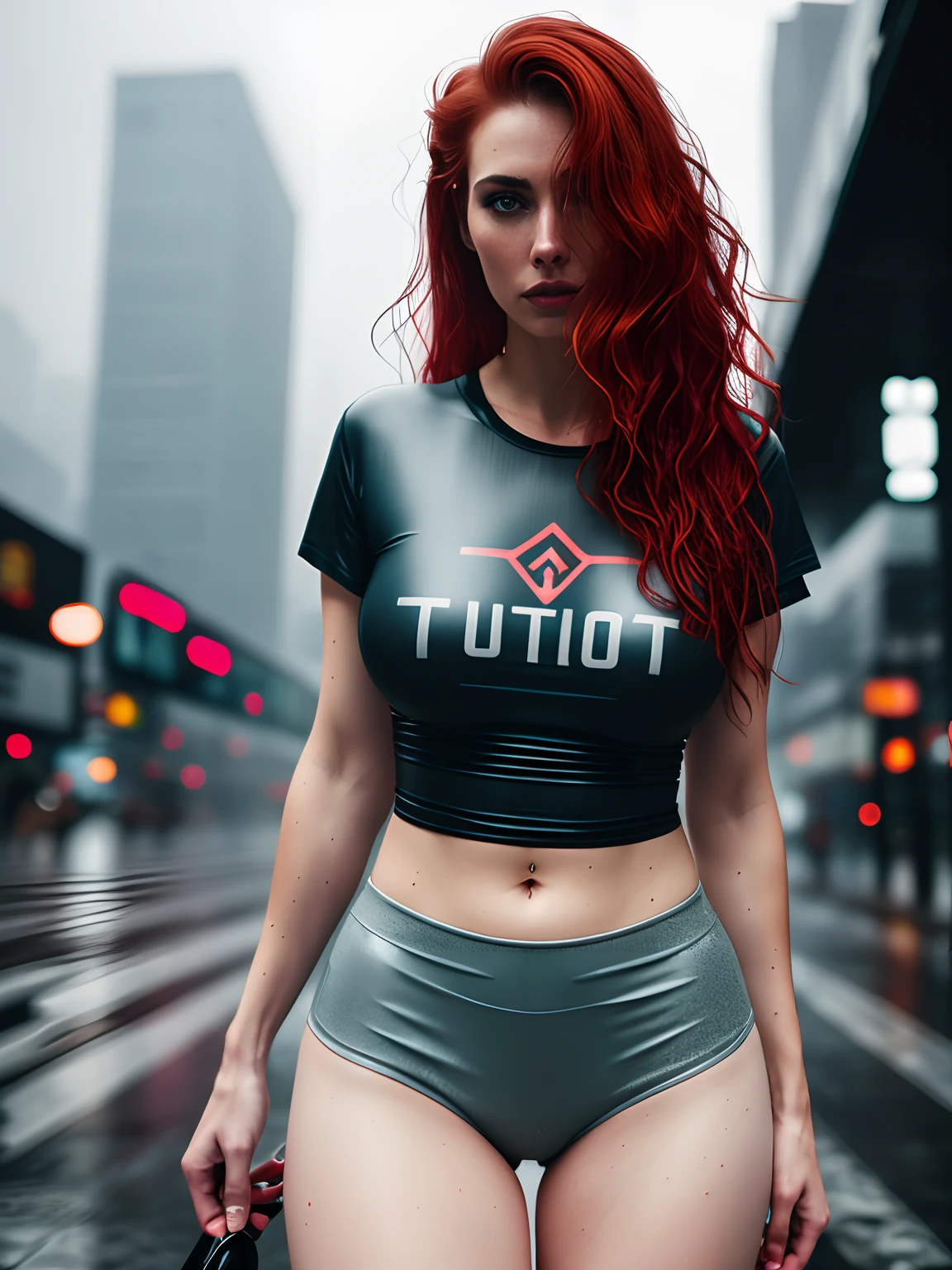 gorgeous woman with wavy red hair detailed alluring pale blue eyes, Thigh gap between long sexy legs wearing tiny shorts and a t-shirt in beautiful futuristic cyberpunk+ city, mist, wet, raining, best quality, masterpiece, photorealistic, detailed, 8k, HDR, shallow depth of field, broad light, high contrast, backlighting, bloom, light sparkles, chromatic aberration, sharp focus, RAW color photo