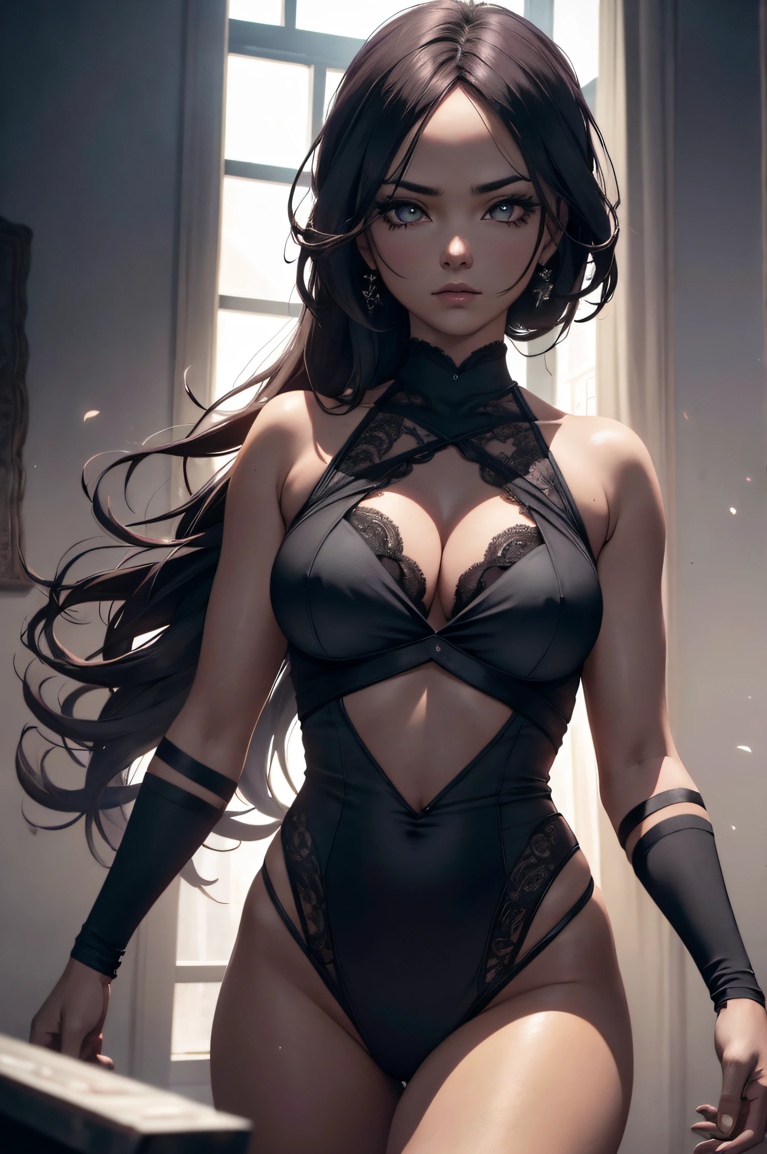 A woman wearing lingerie, sleeveless, long hair, dynamic pose, 3d, (8k), detailed texture,(hyperdetailed), (photo realistic), cinematic light, cinematic action, highly detailed, realistic, Isometric, full body, in frame, driven expression, dark theme, (extremely detailed eyes), detailed symmetric realistic face, extremely detailed natural texture, masterpiece, extremely detailed, amazing, fine detail, rich colors, hyper realistic lifelike texture, dramatic lighting, unreal engine, trending on art station, photo realistic, RAW photo, high quality, high res, sharp focus, extremely detailed, cinematic lighting, 8k, high definition, cinematic, neoprene, unreal engine 5, ultra sharp focus