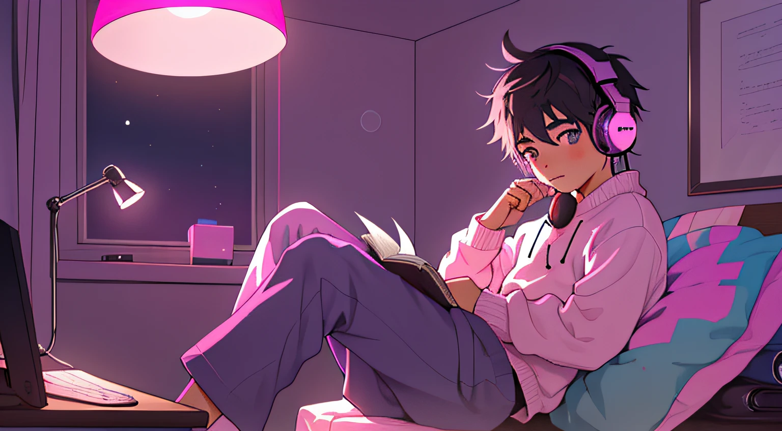 A little boy sits at his desk studying,Listen to music with headphones on,Relaxing and comfortable atmosphere in a night bedroom setting,A bit of purple and pink vibe,Look at the book or ahead