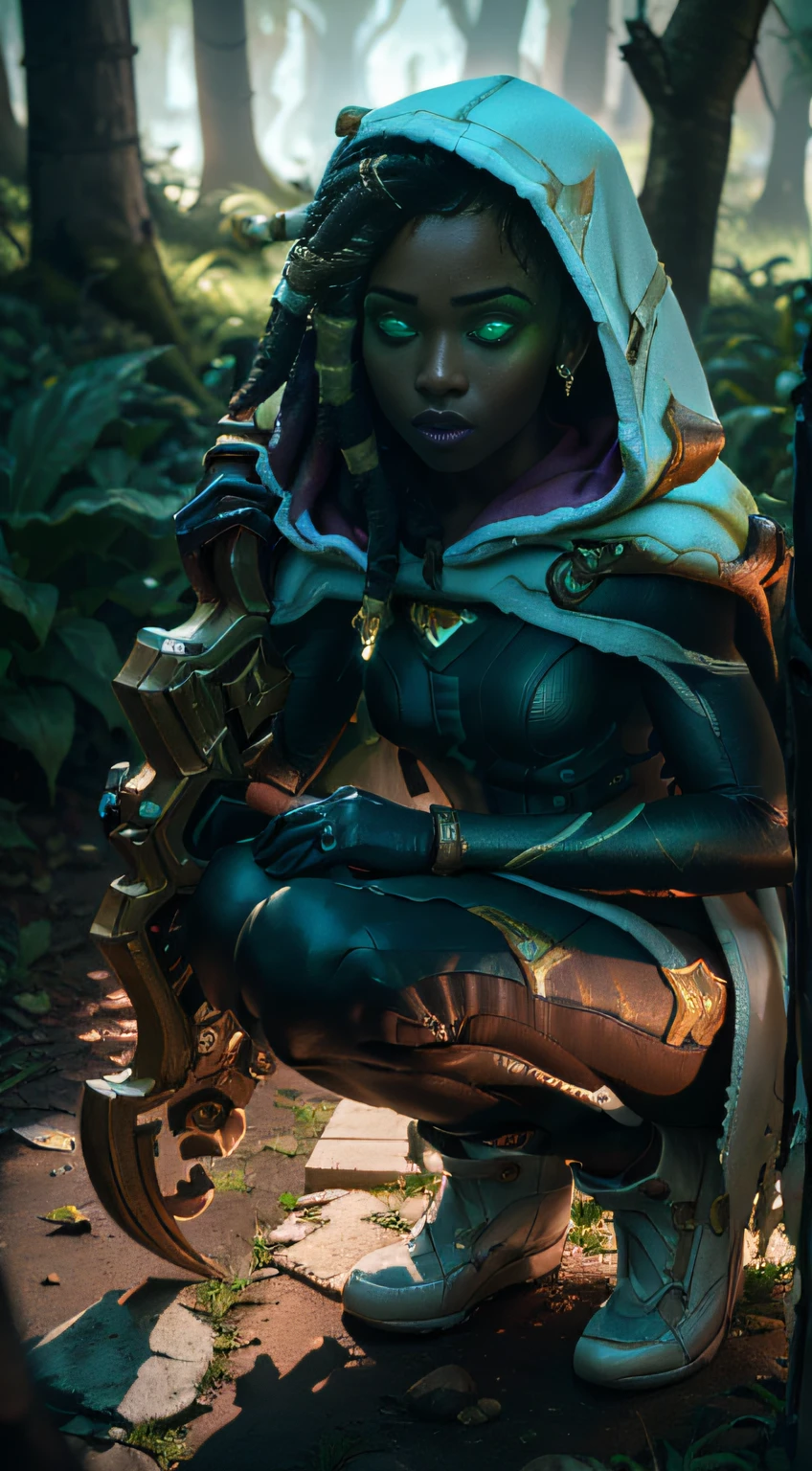 (masterpiece, ultra quality, high resolution, 8k, intricate: 1.2), (full body shot, front shot, wide shot:1.4), (senna, from league of legends:1.6),  (holding her giant weapon, brown top, white bottom, golden finishes:1.3), (small white cloak, hood:1.2), (white shoes:1.2),[backgroumd; forest; night; dark green mist; (tree, light sun rays through trees):1.2]