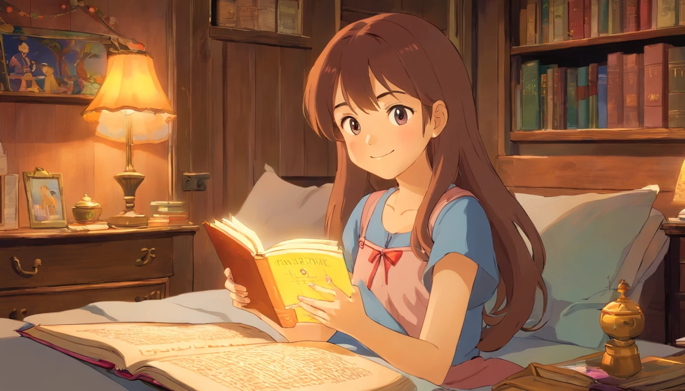 Imagine a charming girl, sitting gently on the edge of a cozy bed. The bed is covered with soft sheets and a quilt that matches the soothing colors of the room. Gentle sunlight streams through the window, creating a play of shadows and lights that dance softly around the room.
The girl is immersed in a book, her eyes fixed on the pages and a subtle smile on her lips. She holds the book with careful hands, and her hair falls gently over her shoulders. The room is decorated with personal details, such as bookshelves filled with literary works, a nightstand with a soft lamp, and some personal belongings.
This scene conveys a sense of serenity and peace, where the girl finds refuge in the pages of her book, getting lost in the adventures and stories unfolding before her.