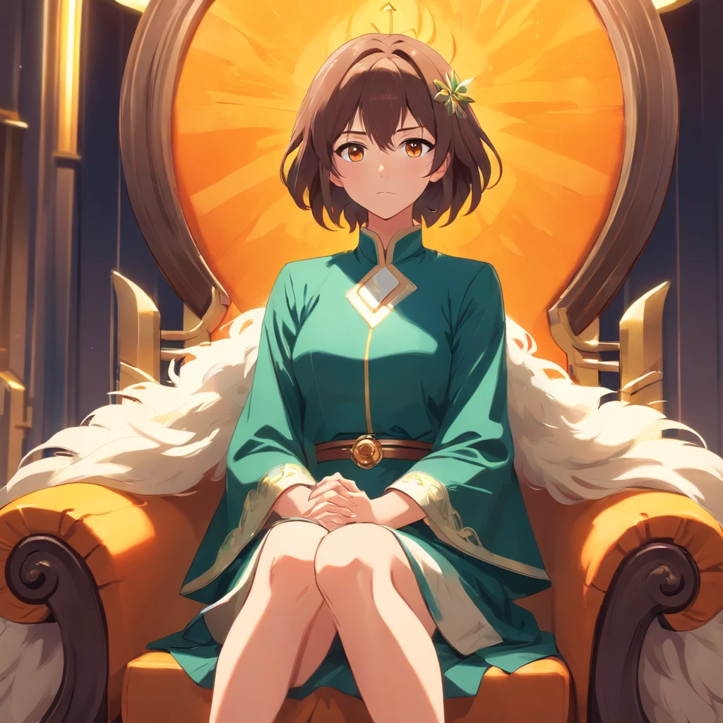 Solo, older woman, empress with amber eyes, hair (brunette, long, wavy, fluffy: 1.0), expression(serious, disappointed), fantasy, sitting on throne, rich in colors