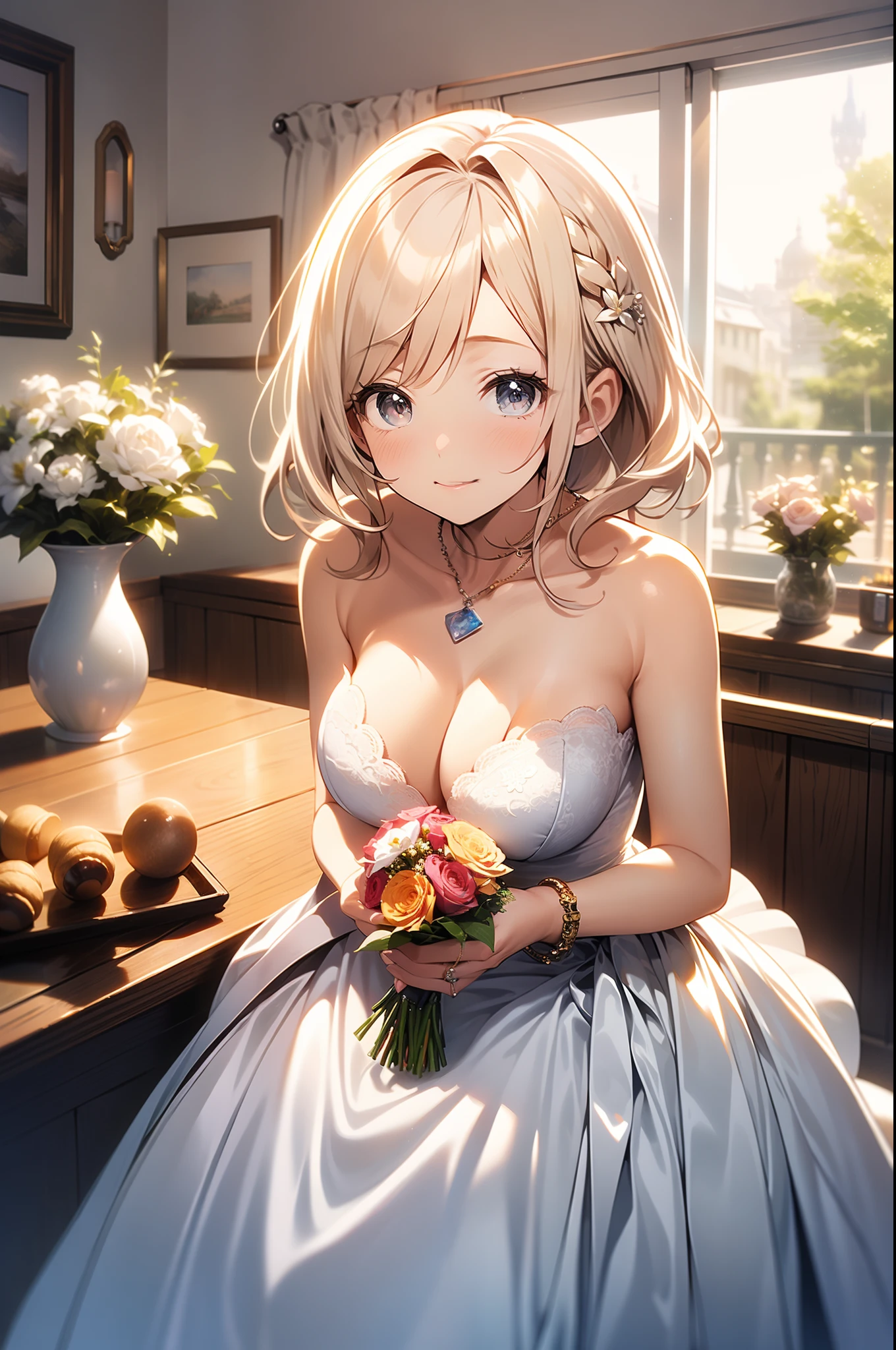 in 8K、top-quality、​masterpiece、ultra-detailliert、Ultra-high resolution、((1 persons))、girl with、weddingdress、a blond、cleavage of the breast、bare shoulders​、makeups、A bracelet、Pendants、florals、bouquet