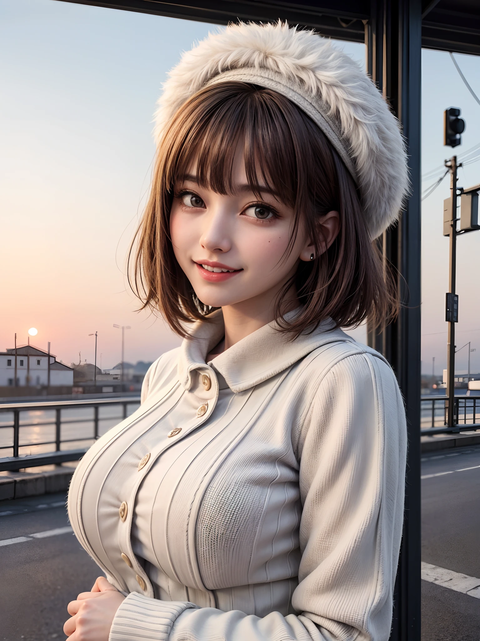 (​masterpiece, top-quality、Very attractive adult beauty、Add intense highlights to the eyes),1girl in, 独奏, A dark-haired, scarf, Hats,, realisitic, looking at the viewers, black eyes of light color, shorth hair, coat, Winter clothes, White headscarf, s lips, lipgloss，bangss, The upper part of the body、big eye、Lashes)、((Road system in Italy))、((Shorthair with bangs、big eye、Put very strong highlights in your students、very Bigger breasts、gazing at viewer、Very beautiful beauty、Put your ears out、long neck、little smiling、Beautiful teeth、Open your mouth and smile))、28 year old、Very cute supermodel