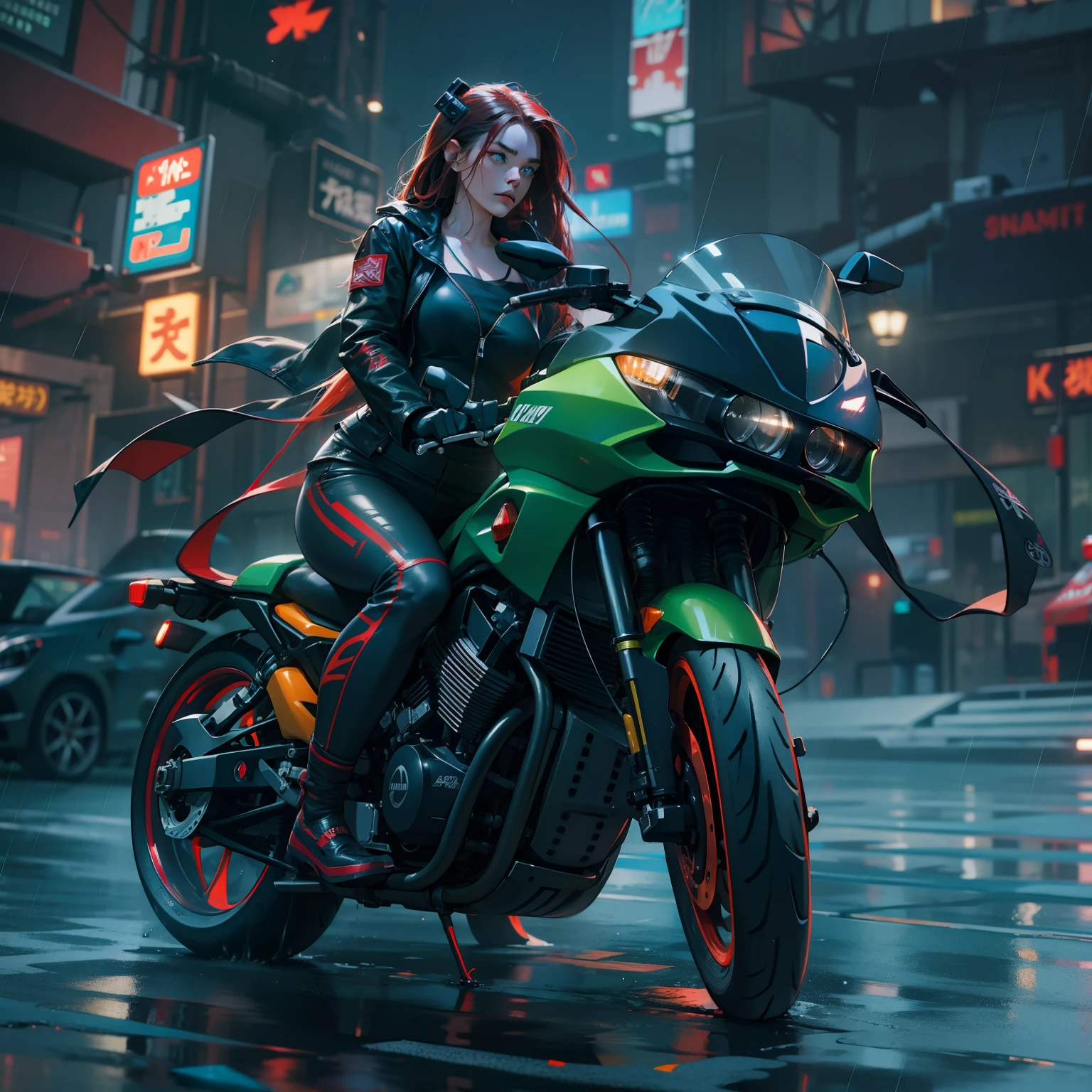 (Cyberpunk theme), (Best quality), (Front view), (ultra - detailed), trending on artstationh, (A cinematic scene), Flying car in the sky, Crimson leggings, Flying motorcycles, Girl riding motorcycle in city on rainy day, Black printed shirt, Glowing light, (Shiny circuit), Detailed skins, bright neon, Glowing green eyes, Hair ornaments, Long hair, with dark reddish hair, (Colorful), Long hair, Curvy, wetted skin, Wet hair, Immersive environments, [Blurred background], Reflective puddle, Dark intense shadows