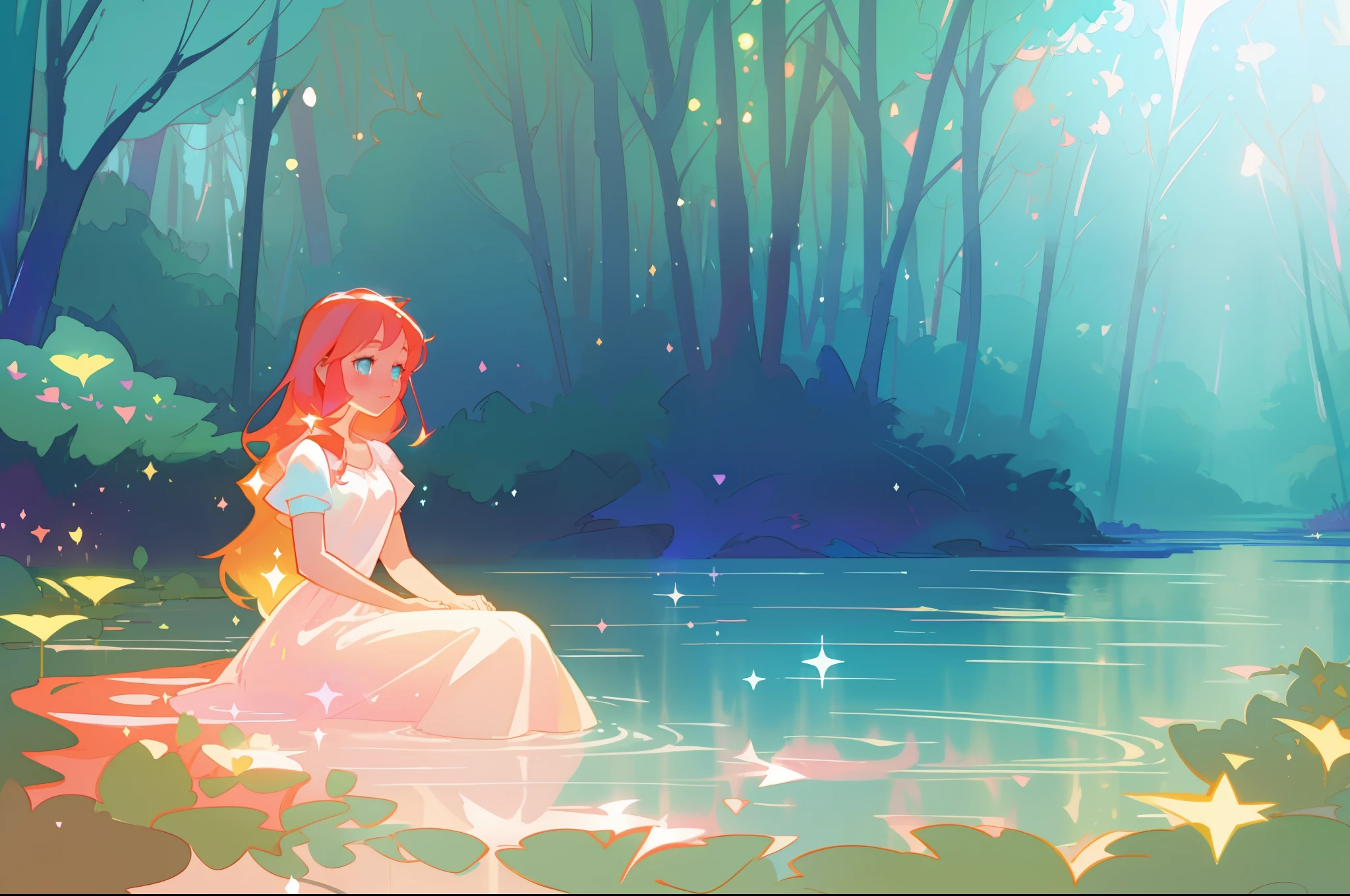 beautiful girl sitting in the water , beautiful girl in white dress, vibrant pastel colors, (colorful), magical lights, long red hair , sparkling lights, fairy lights, inspired by Glen Keane, inspired by Lois van Baarle, disney art style, by Lois van Baarle, glowing aura around her, by Glen Keane, jen bartel, glowing lights! digital painting, flowing glowing hair, glowing flowing hair, beautiful digital illustration, whimsical, magical, fantasy, beautiful face, ((masterpiece, best quality)), intricate details, highly detailed, sharp focus, 8k resolution, sparkling detailed eyes, liquid watercolor, forest landscape background