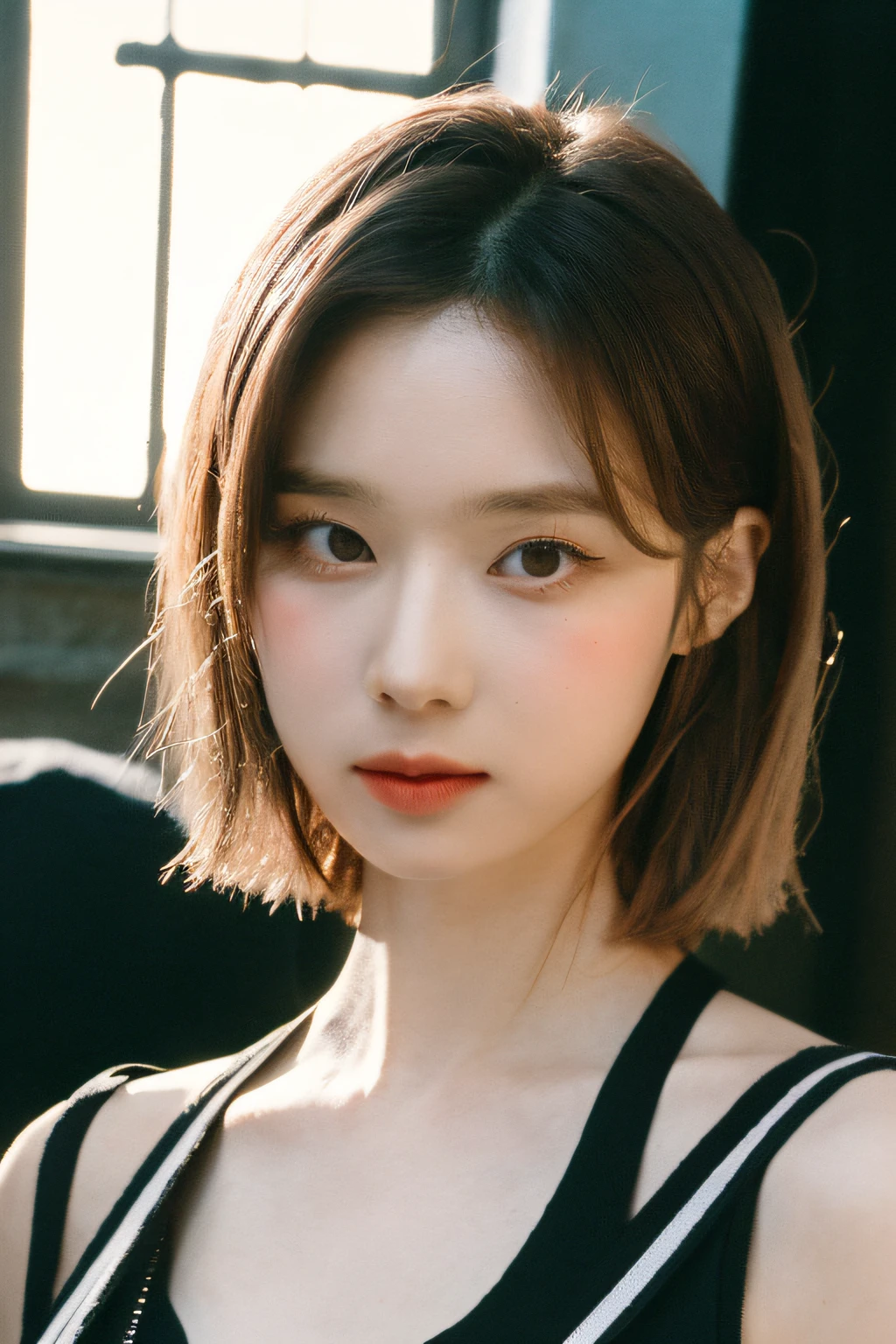 Photo of a Beautiful Korean kpop idol Woman, 夏天, libidinoso, Tons semelhantes a filmes、cinemactic、filmic grain, 80mm、EMOTION、looking at the camera、realisitic、masuter piece