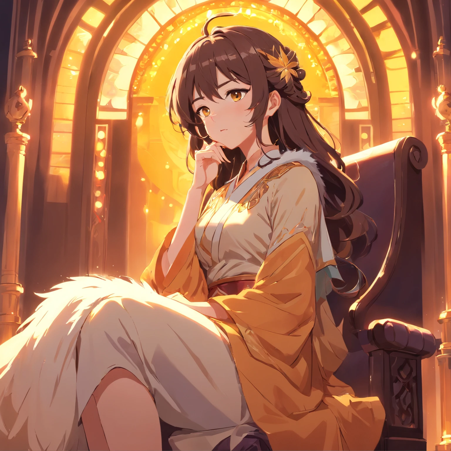 Solo, older woman, empress with amber eyes, hair (brunette, long, wavy, fluffy: 1.0), expression(serious, disappointed), fantasy, sitting on throne, rich in colors