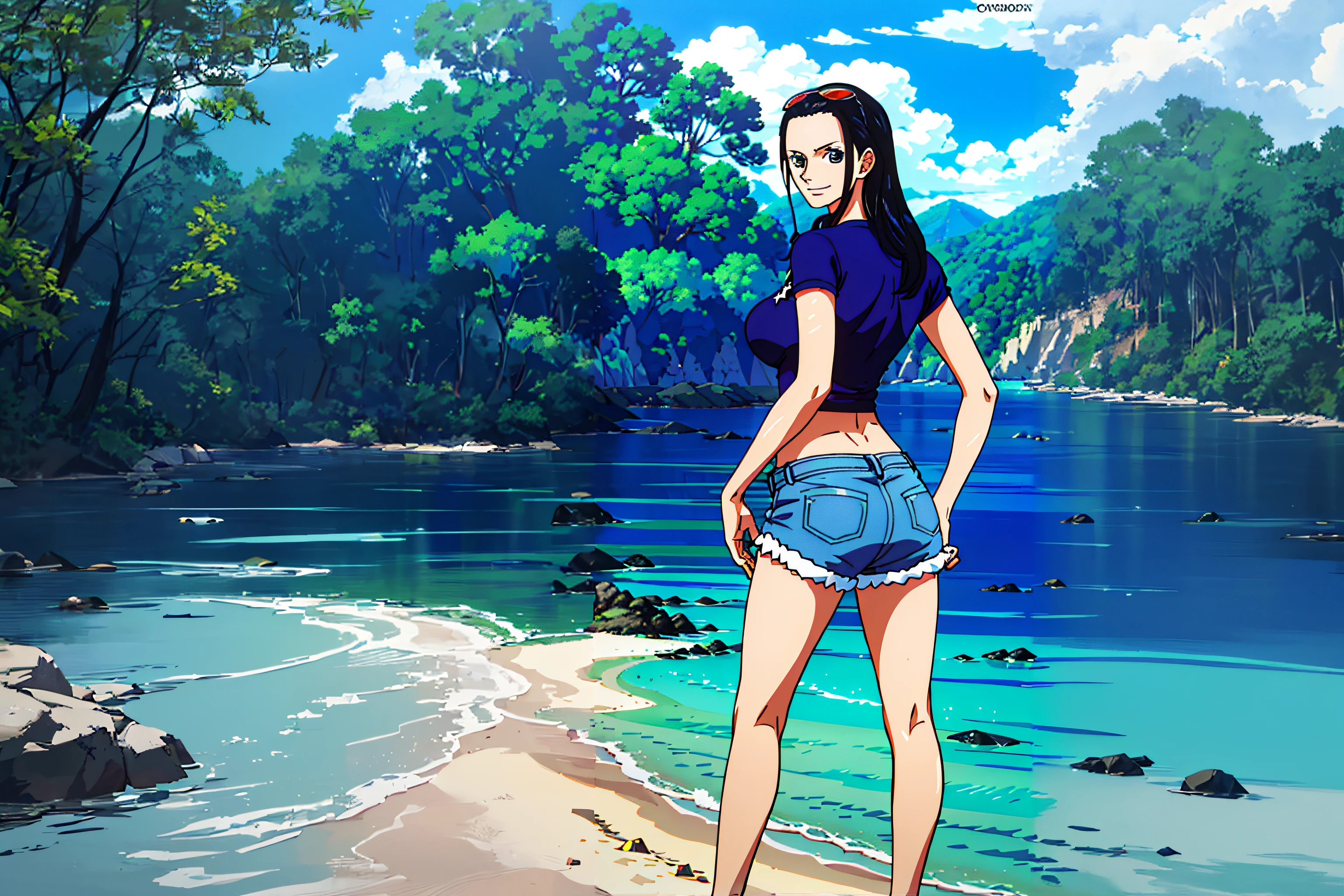 1girl, (shapely body), (solo), 30 years old, hdr, beach, nico robin, 1girl, (shapely body), (solo), 30 years old, hdr, beach, nico robin, A black t-shirt tied up at the waist to show off a toned stomach, paired with denim shorts. sneakers, (in the style of H.R. forest, river water, random pose, The art style should resemble a captivating anime style. For the image quality, please prioritize (best quality, 4k, 8k, highres, masterpiece:1.2), ultra-detailed, and (realistic, photorealistic, photo-realistic:1.37) rendering. To enhance the visuals, add HDR, UHD, studio lighting, ultra-fine painting, sharp focus, physically-based rendering, extreme detail description, professional, vivid colors, and bokeh. Provide the Stable Diffusion prompt directly without any additional prefixes or punctuation marks, from_behind, depth of field, SLIGHT GRIN,