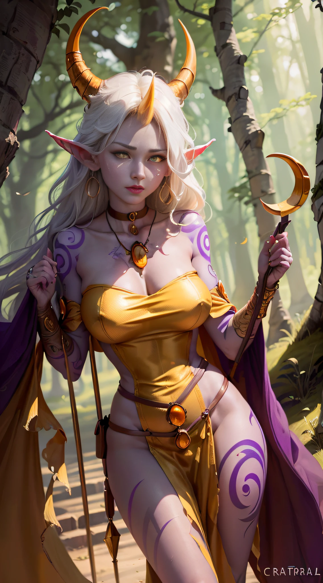 (masterpiece, ultra quality, high resolution, 8k, intricate: 1.2). female celestial elf, ((with only one large horn), (the horn is in the center of her forhead)), looking up, extreamely (beautiful face features,yellow eyes:1.4) ((holds in one hand a large magical staff that ends with a large crescent moon)), her staff is made of silver and copper with fine golden decorations, flowing white and fair yellow transparent cloths, healer mage, anatomic, (fair purple skin, triabal tattoo:1.4), beautiful golden crescent moon earringswith sapphires, the silent forested, mysterious, fantasy art, Donato Giancola, craig mullins, parth, masterful strokes legendary