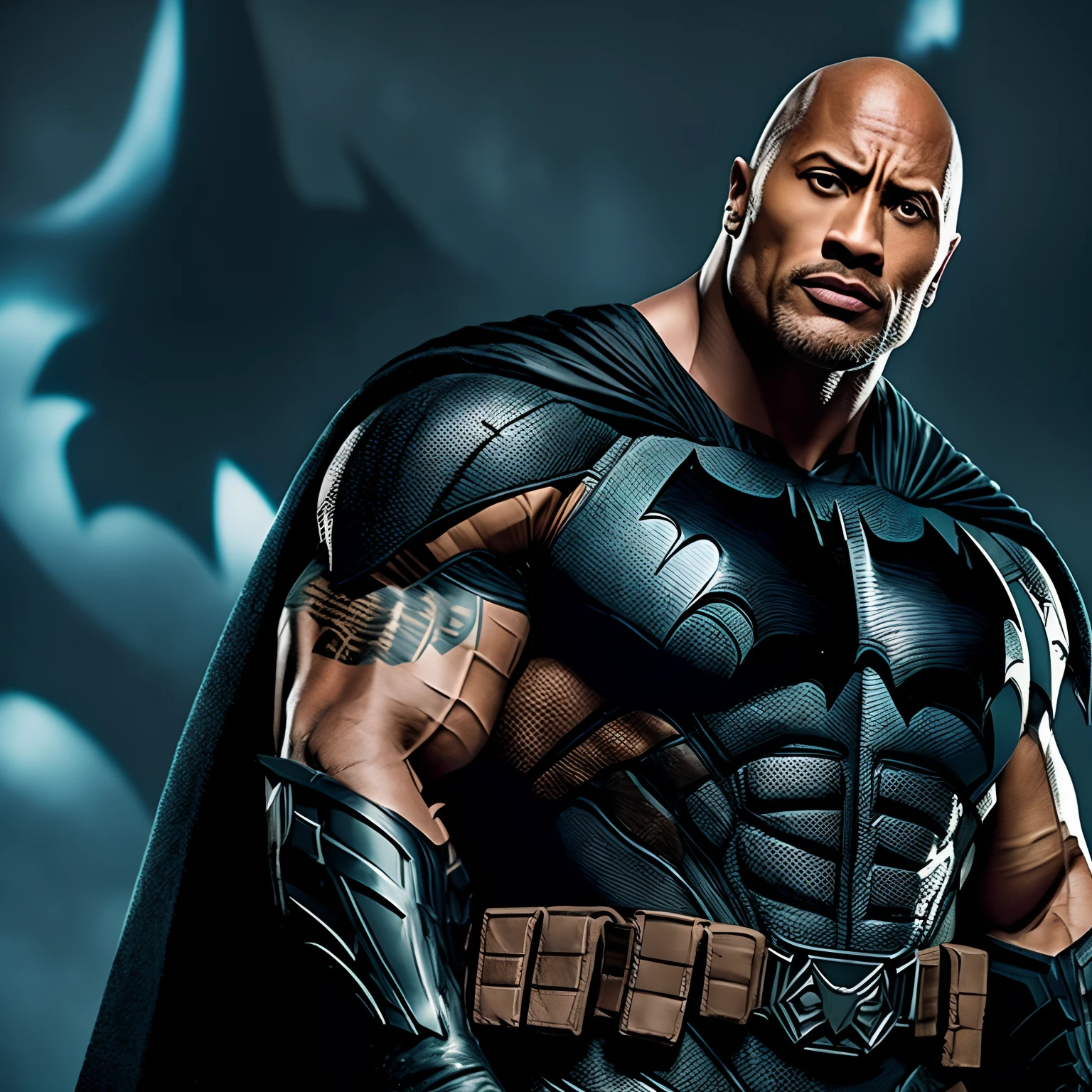 "dwayne johnson (no mask on) e com o traje do Batman"