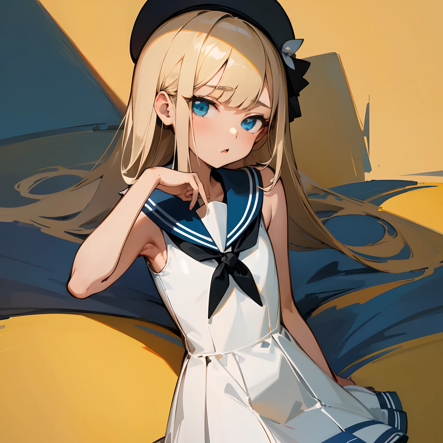 Reines, 1girl, high quality, best quality, illustration, masterpiece, (highly detailed:1.2), (extremely detailed:1.3), flat chest, bare shoulders, young girl, sailor uniform, summer, sleeveless, white sailor dress, loli, sweaty