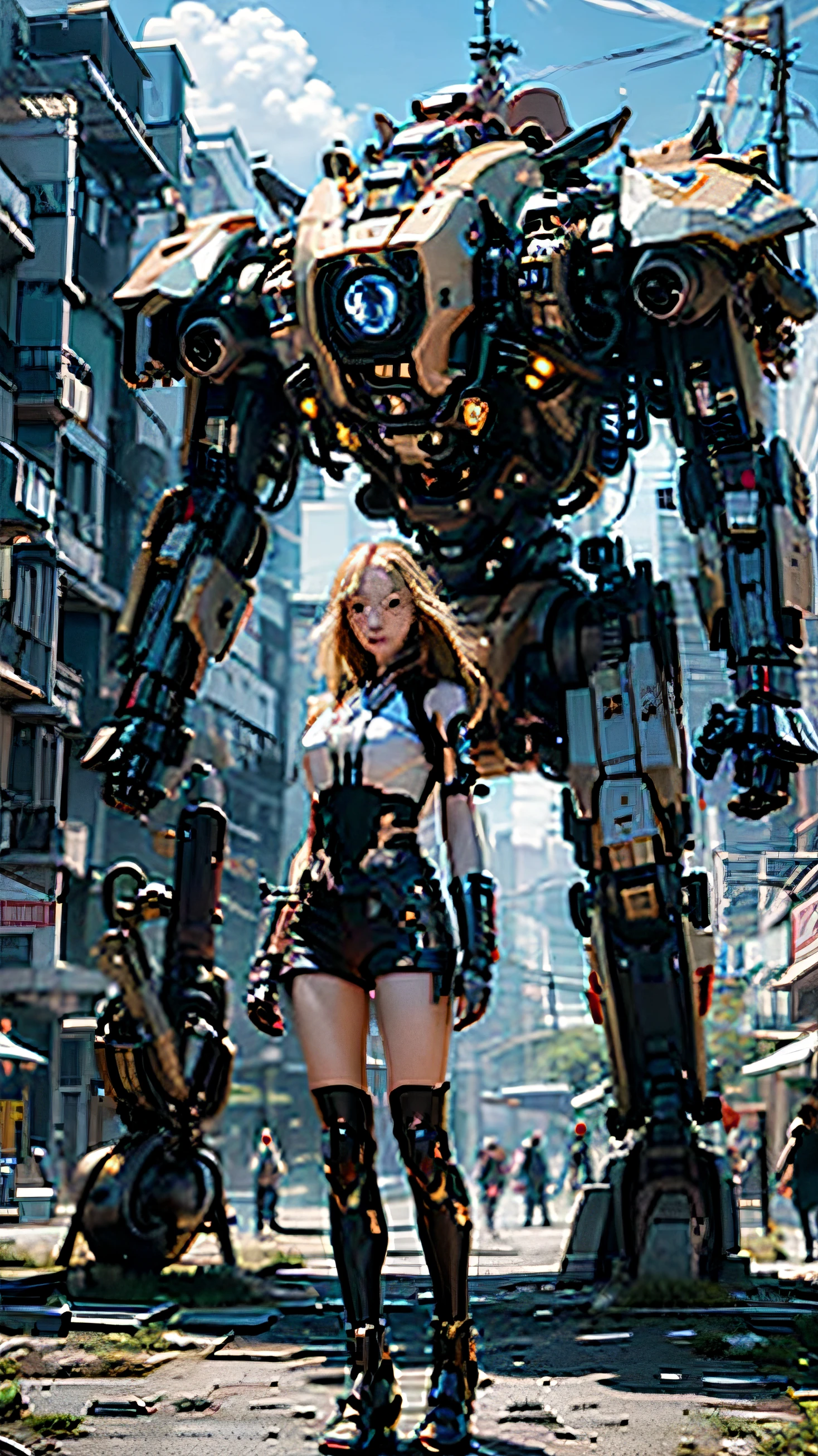 ((masterpiece、top-quality))、illustratio、Ultra Detailed 8k、Photorealsitic、foco nítido、ighly detailed、profetional lighting、Colorful Detail、Extreme long shot of rainbow color BREAK factory、large mechanical robot construction、microchips、computers、SHINES、shitu-mecha、1 A girl stands in front of the audience Blonde figure Cyberpunk combat uniform length hair