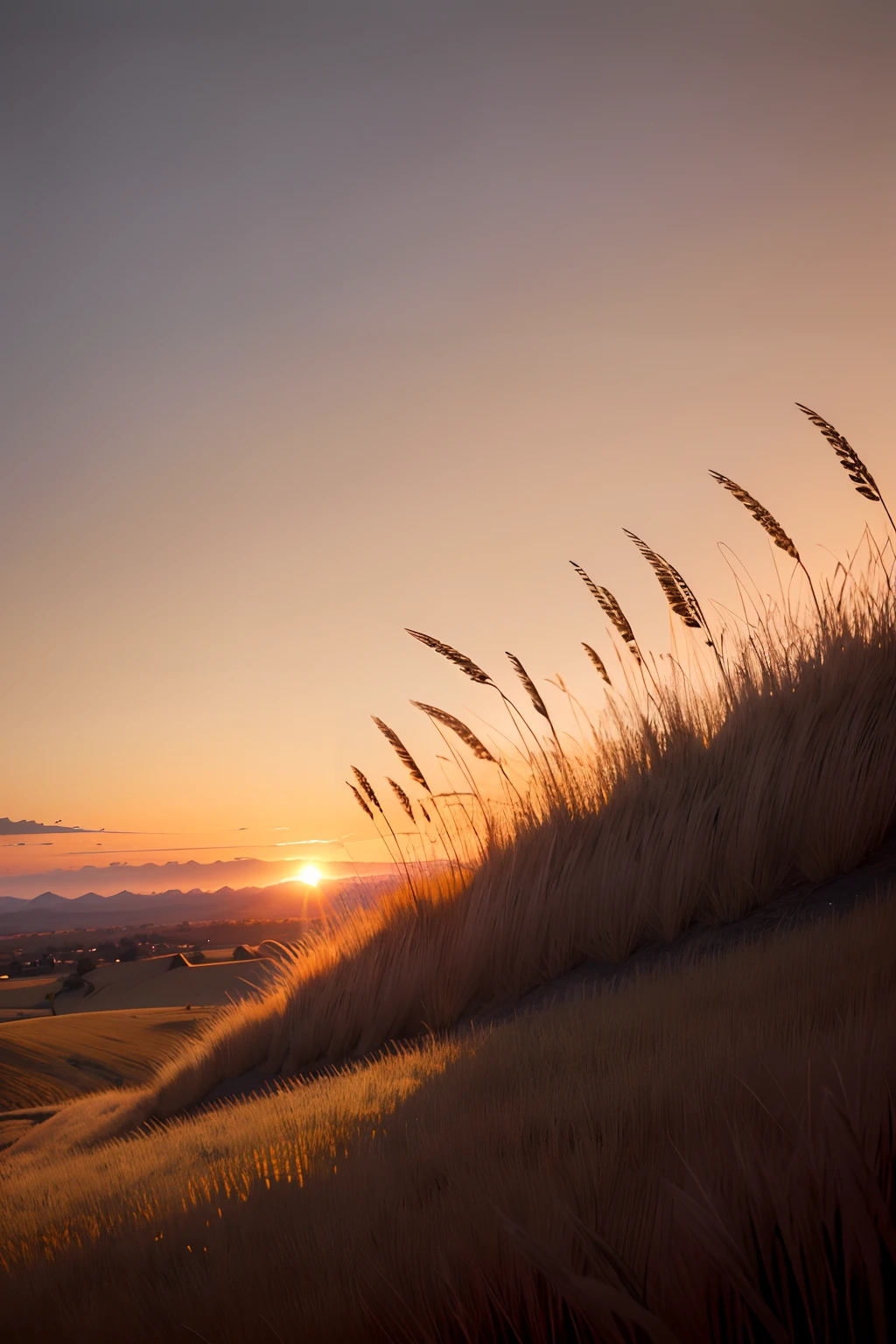 Dead yellow reed grass,Bent over by the wind,On the hillside,Dark tones,Sunset tones,
