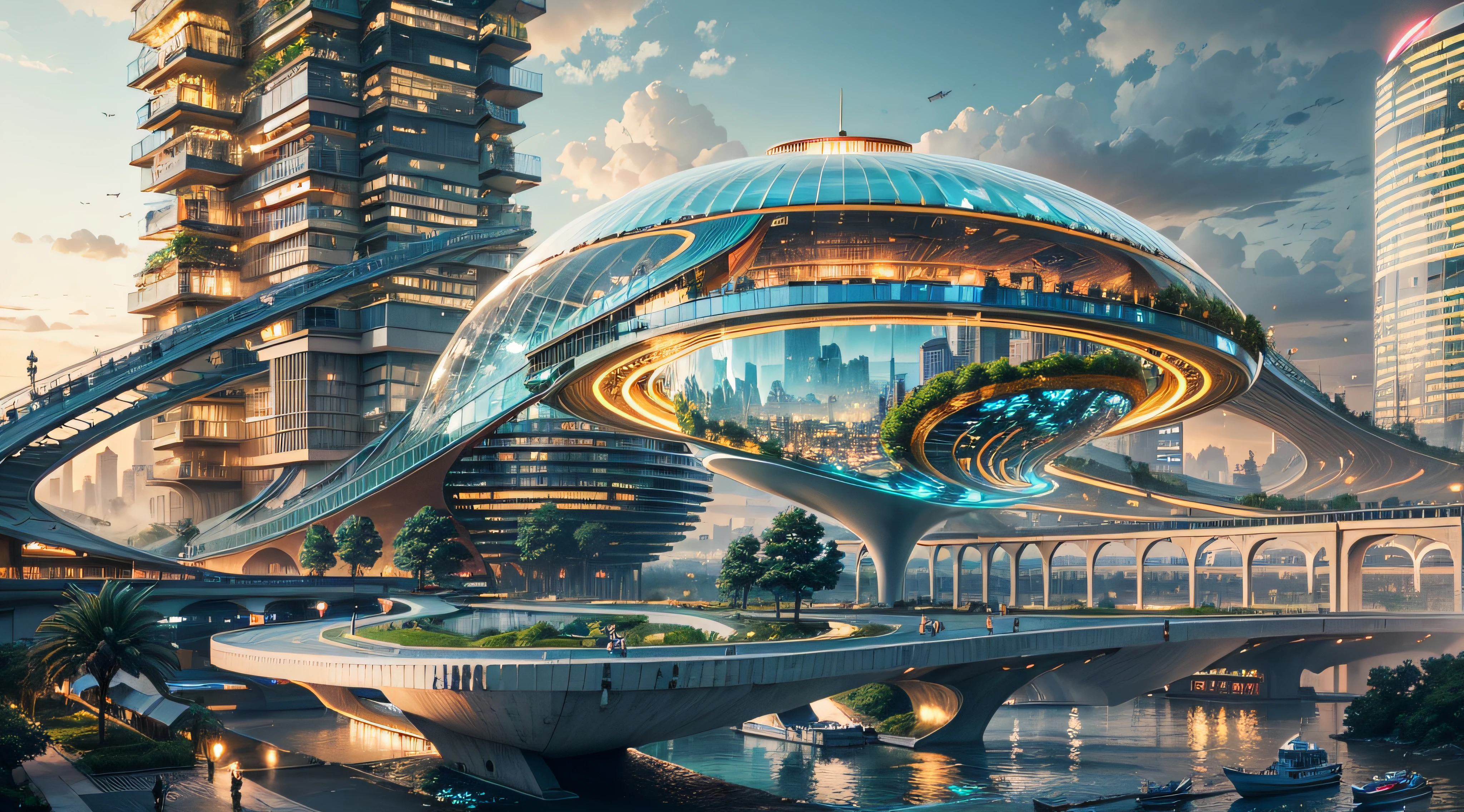 (Best quality,4K,8K,A high resolution,Masterpiece:1.2),Ultra-detailed,(Realistic,Photorealistic,photo-realistic:1.37),Futuristic floating city,Futuristic technology,Huge urban high-tech tablet platform,Airship,Floating in the sky,Futuristic city,Small airships around,High-tech hemispherical platform,Colorful lights,Advanced architecture,modernn architecture,skyscrapper,Access the cloud,Scenic beauty,view over city,Impressive design,Blend seamlessly with nature,energetic and vibrant atmosphere,Futuristic transportation system,Parking is suspended,Transparent path,Lush greenery,Sky gardens,cascading waterfalls,Magnificent skyline,reflections on the water,Sparkling river,Architectural innovation,futuristic skyscrapers,Transparent dome,The shape of the building is unusual,Elevated walkway,Impressive skyline,Glowing lights,Futuristic technology,Minimalist design,Scenic spots,Panoramic view,Cloud Piercing Tower,Vibrant colors,epic sunrise,epic sunset,Dazzling light display,magical ambiance,The future city,Urban Utopia,LuxuryLifestyle,Innovative energy,sustainable development,Smart city technology,Advanced infrastructure,Tranquil atmosphere,Nature and technology live in harmony,Awesome cityscape,Unprecedented urban planning,Architecture connects seamlessly with nature,High-tech metropolis,A cutting-edge engineering marvel,The future of urban living,Visionary architectural concept,Energy-efficient buildings,Harmony with the environment,A city floating above the clouds,Utopian dreams become reality,The possibilities are endless,State-of-the-art transportation network,Green energy integration,Innovative materials,Impressive holographic display,Advanced communication system,Breathtaking aerial view,Quiet and peaceful environment,Modernist aesthetics,Ethereal beauty