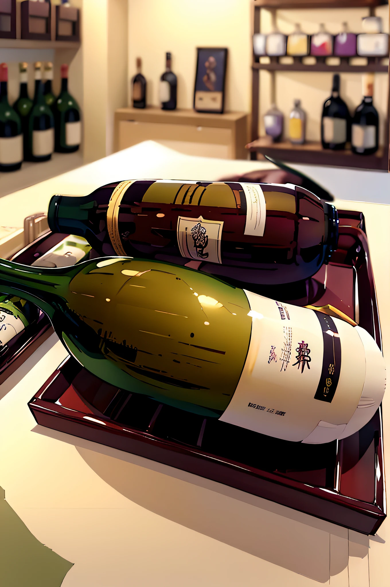 Best quality, A high resolution, absurderes, Ultra-detailed, Green plum wine advertisement，Wine bottles，bacchus，unmanned，illustration
