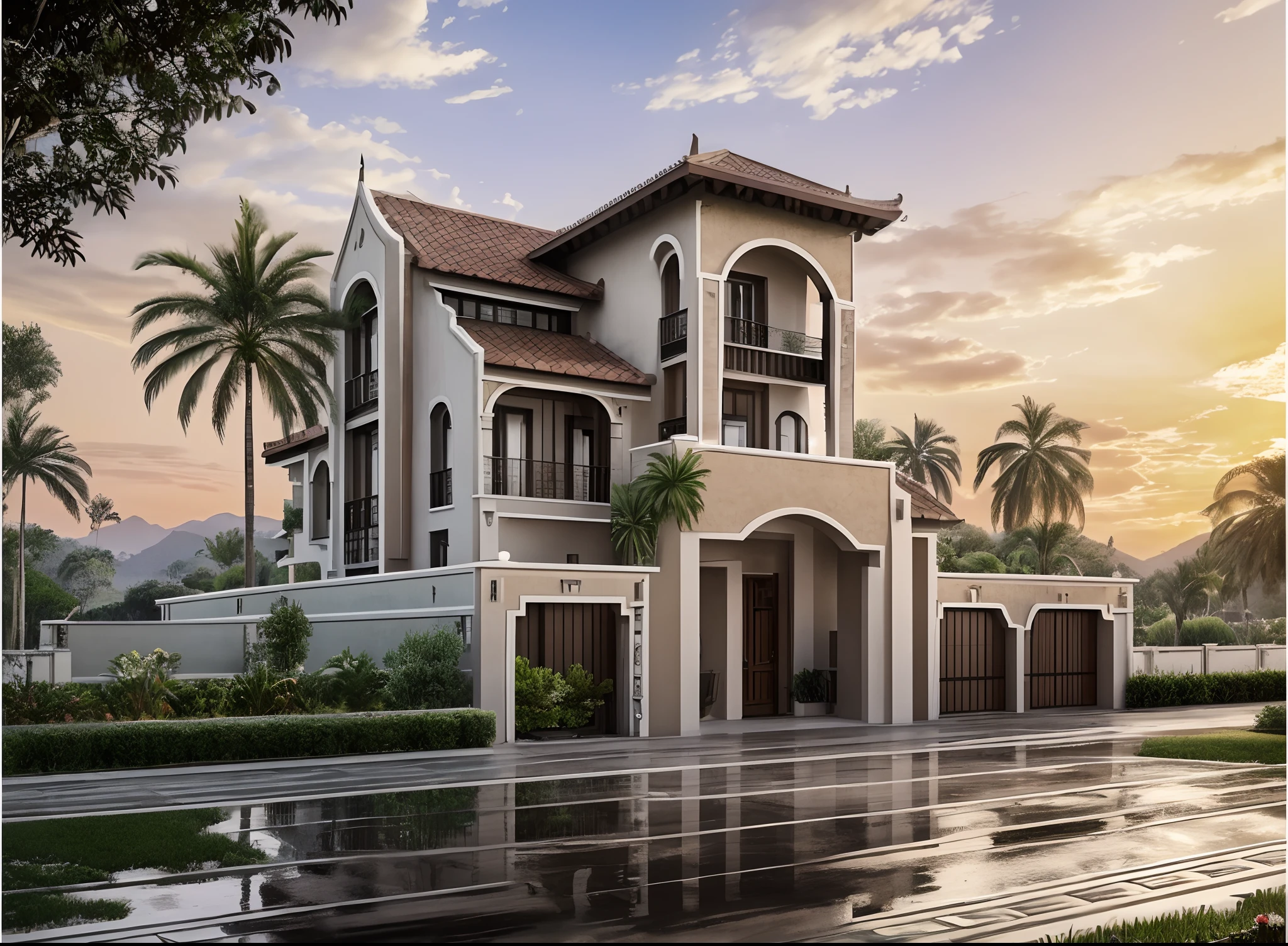 Realistic, high-quality image, classic villa, street house, 3 stories, sloppy roof, ceramic tiles on roof, large windows, french style,  Indochina architecture, 1930, Ernest Hébrard architect, wooden gate, fence with stell patterns, daylighting, beautiful sunset, trees, lighting poles on street,  wires, luxurious cars