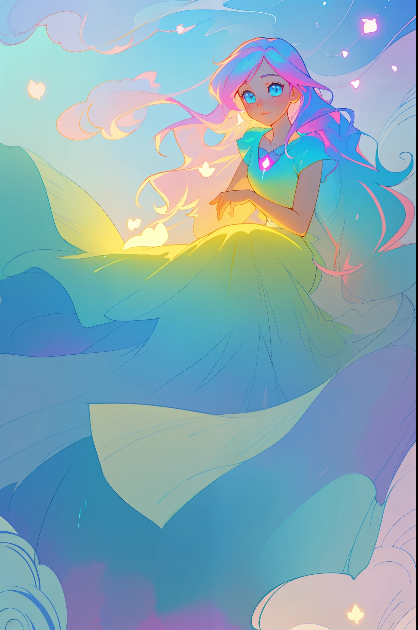 beautiful anime girl sitting by water looking at her reflection, riverbank, beautiful girl in flowing dress, girl looking at her water reflection, nature scene, vibrant pastel colors, (colorful), magical lights, flowing long hair, inspired by Glen Keane, inspired by Lois van Baarle, disney art style, by Lois van Baarle, glowing aura around her, by Glen Keane, jen bartel, glowing lights! digital painting, flowing glowing hair, glowing flowing hair, beautiful digital illustration, whimsical, magical, fantasy, beautiful face, ((masterpiece, best quality)), intricate details, highly detailed, sharp focus, 8k resolution, sparkling detailed eyes, watercolor