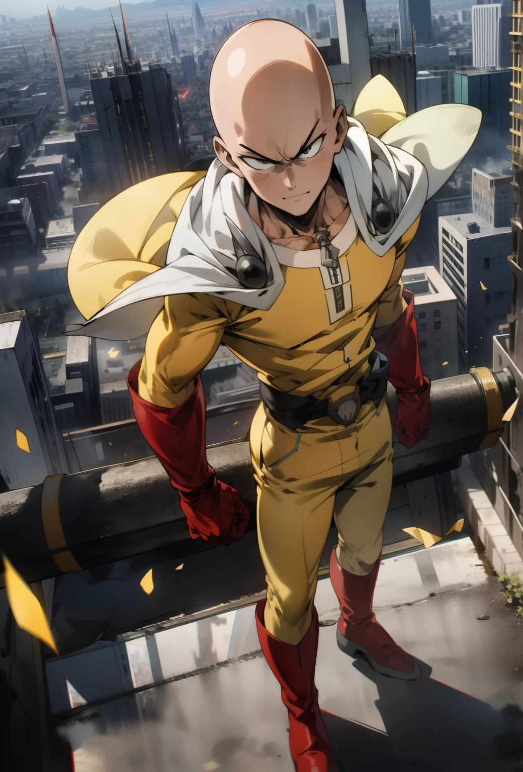 masterpiece, best quality, 1boy, (saitama), blad head, yellow clothe, black eyes, red gloves, red boots, standing, smiling, angry face, aura power, night, natural light, standing, angry eyes, evil smiling, male focus, strong muscles, movie composition, flying, bokeh, (futuristic), (full body), city view, flying above the city, scary look, godly strenght, yellow emergy around him