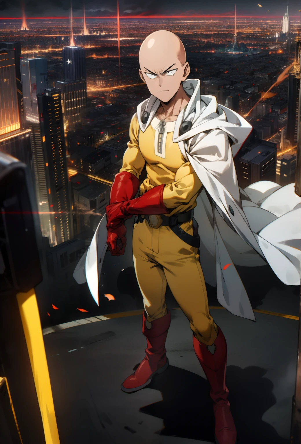 masterpiece, best quality, 1boy, (saitama), blad head, yellow clothe, black eyes, red gloves, red boots, standing, smiling, angry face, aura power, night, natural light, standing, angry eyes, evil smiling, male focus, strong muscles, movie composition, flying, bokeh, (futuristic), (full body), city view, flying above the city, scary look, godly strenght, yellow emergy around him