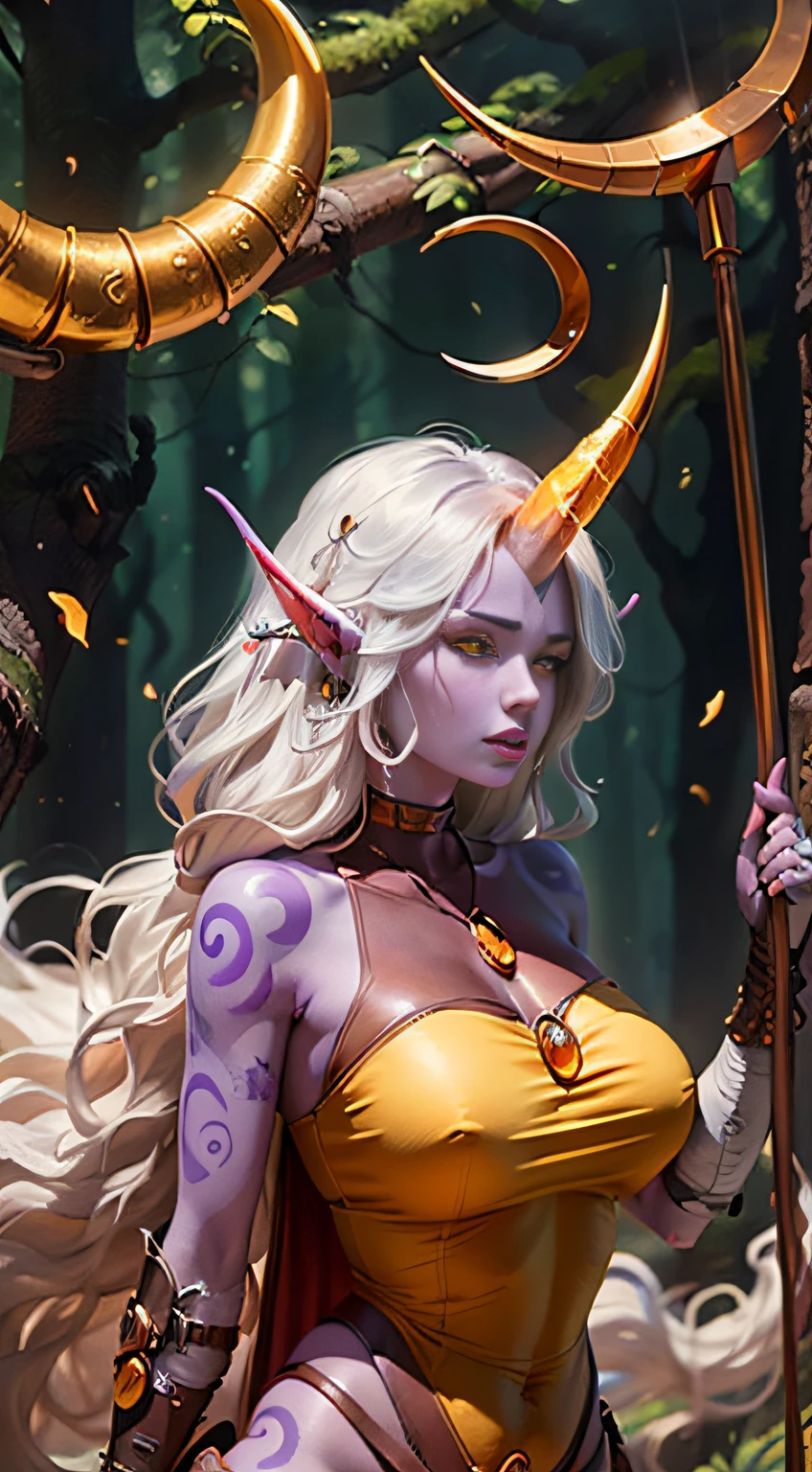 (masterpiece, ultra quality, high resolution, 8k, intricate: 1.2). female celestial elf, ((with only one large horn), (the horn is in the center of her forhead)), looking up, extreamely (beautiful face features,yellow eyes:1.4) ((holds in one hand a large magical staff that ends with a large crescent moon)), her staff is made of silver and copper with fine golden decorations, flowing white and fair yellow transparent cloths, healer mage, anatomic, (fair purple skin, triabal tattoo:1.4), beautiful golden crescent moon earringswith sapphires, the silent forested, mysterious, fantasy art, Donato Giancola, craig mullins, parth, masterful strokes legendary