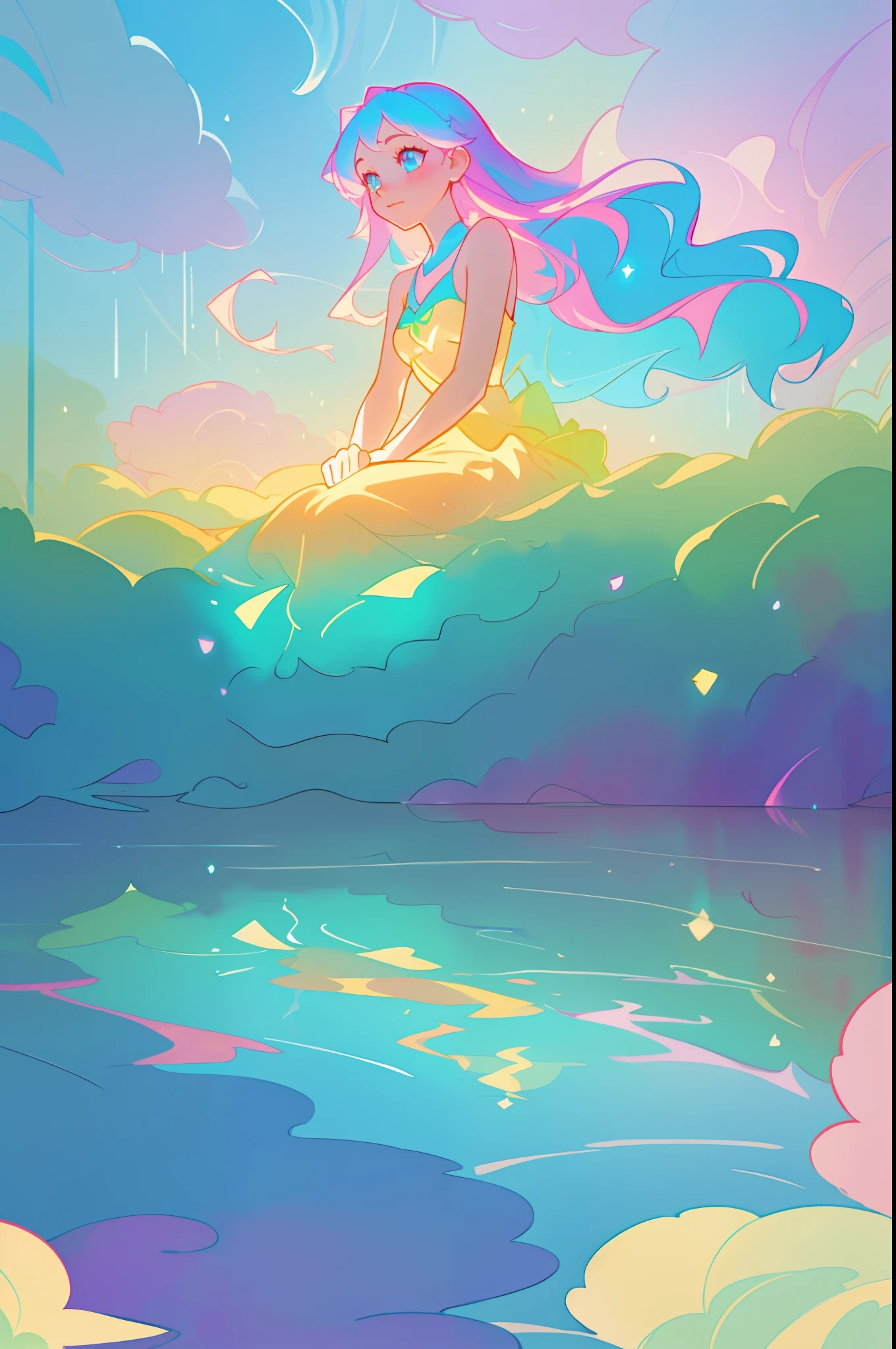 beautiful anime girl sitting by water looking at her reflection, riverbank, beautiful girl in flowing dress, girl looking at her water reflection, nature scene, vibrant pastel colors, (colorful), magical lights, flowing long hair, inspired by Glen Keane, inspired by Lois van Baarle, disney art style, by Lois van Baarle, glowing aura around her, by Glen Keane, jen bartel, glowing lights! digital painting, flowing glowing hair, glowing flowing hair, beautiful digital illustration, whimsical, magical, fantasy, beautiful face, ((masterpiece, best quality)), intricate details, highly detailed, sharp focus, 8k resolution, sparkling detailed eyes, watercolor