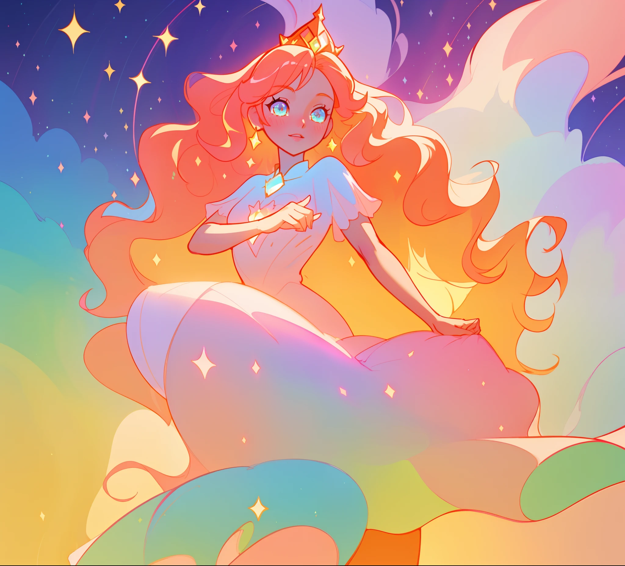 a beautiful nude mermaid with big messy hair, holds a conch shell up to the sun, full body, vibrant, colorful stardust and dynamic lighting, dynamic angle, cute detailed digital art, colorful, digital fantasy art, digital fantasy art, glossy digital painting, pastel vibrant