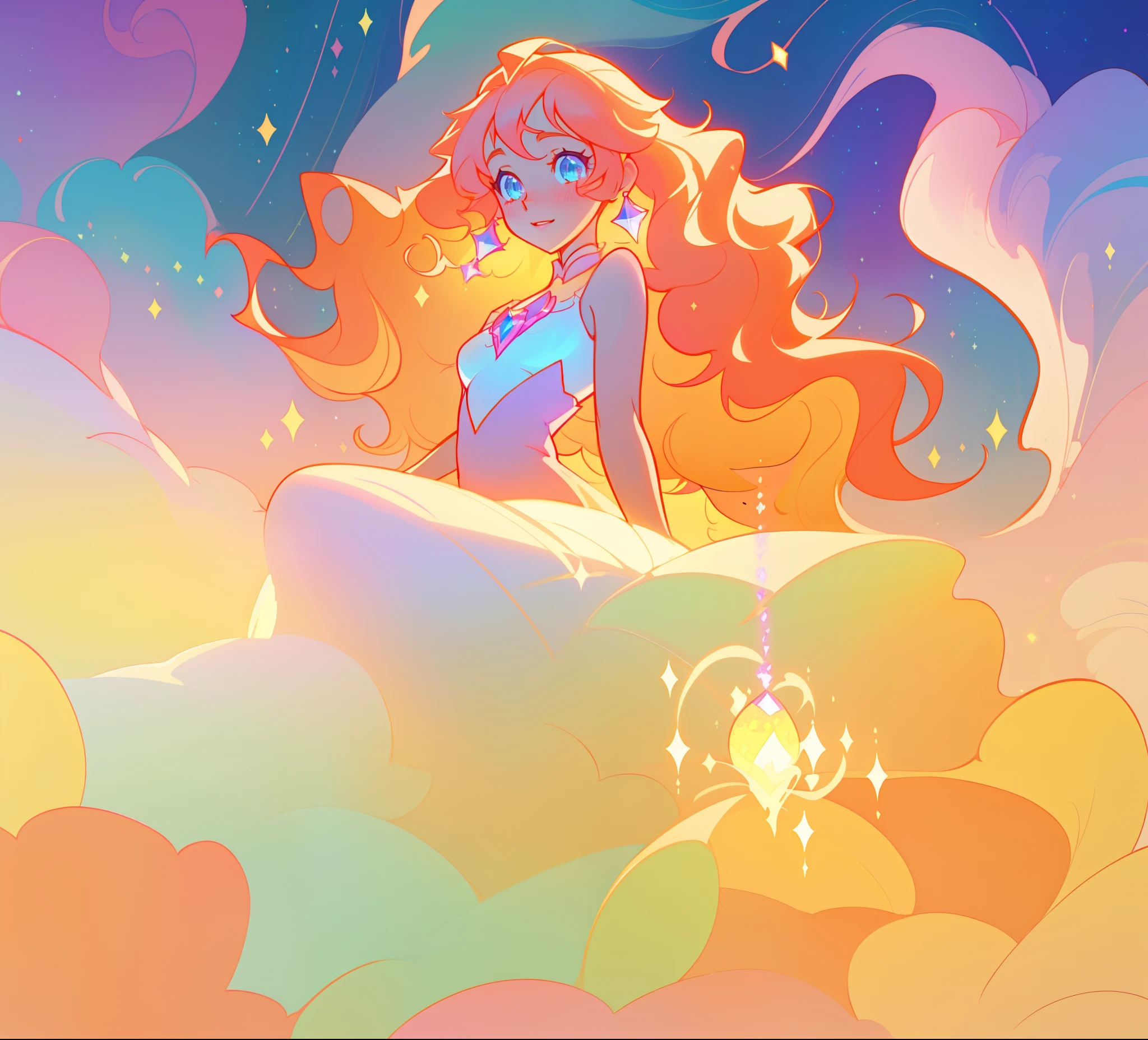 beautiful anime girl in white princess ballgown, vibrant pastel colors, (colorful), magical lights, red and gold long wavy curly hair, sparkling lines of light, inspired by Glen Keane, inspired by Lois van Baarle, disney art style, by Lois van Baarle, glowing aura around her, by Glen Keane, jen bartel, glowing lights! digital painting, flowing glowing hair, glowing flowing hair, beautiful digital illustration, fantasia background, whimsical, magical, fantasy, beautiful face, ((masterpiece, best quality)), intricate details, highly detailed, sharp focus, 8k resolution, sparkling detailed eyes, liquid watercolor