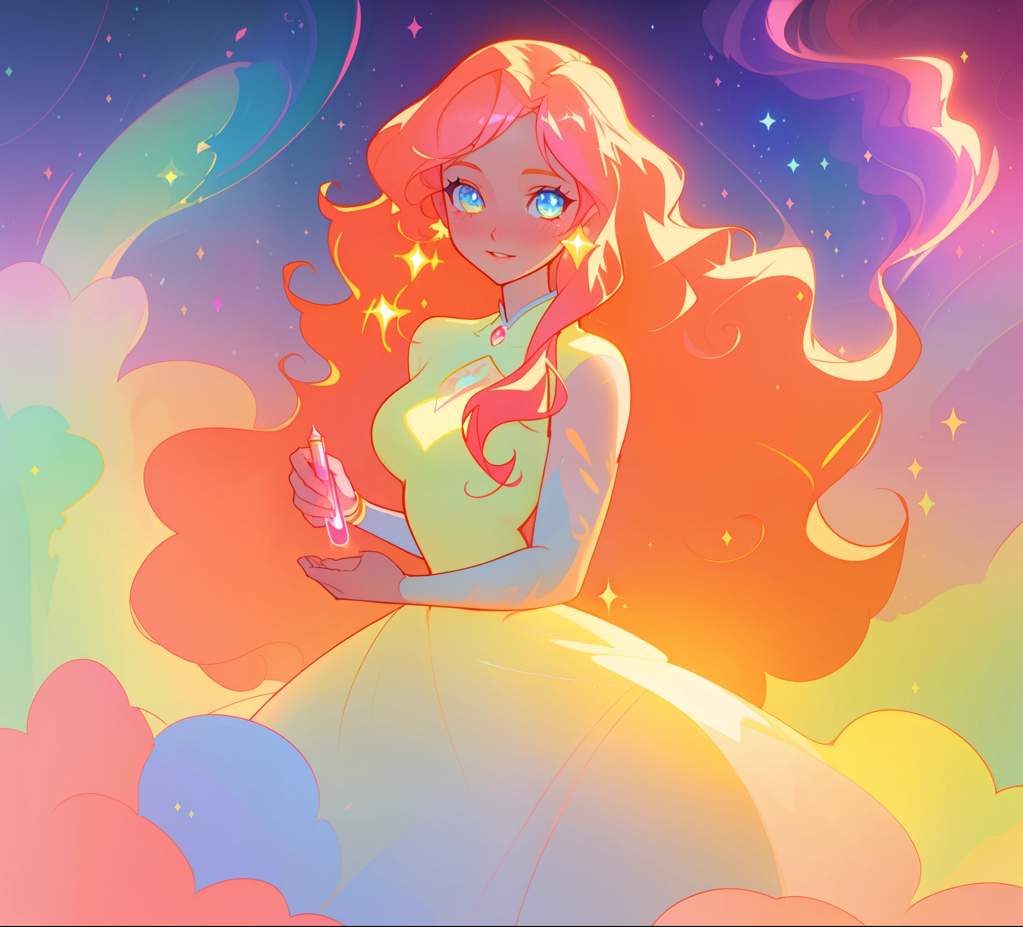 beautiful anime girl in white princess ballgown, vibrant pastel colors, (colorful), magical lights, red and gold long wavy curly hair, sparkling lines of light, inspired by Glen Keane, inspired by Lois van Baarle, disney art style, by Lois van Baarle, glowing aura around her, by Glen Keane, jen bartel, glowing lights! digital painting, flowing glowing hair, glowing flowing hair, beautiful digital illustration, fantasia background, whimsical, magical, fantasy, beautiful face, ((masterpiece, best quality)), intricate details, highly detailed, sharp focus, 8k resolution, sparkling detailed eyes, liquid watercolor