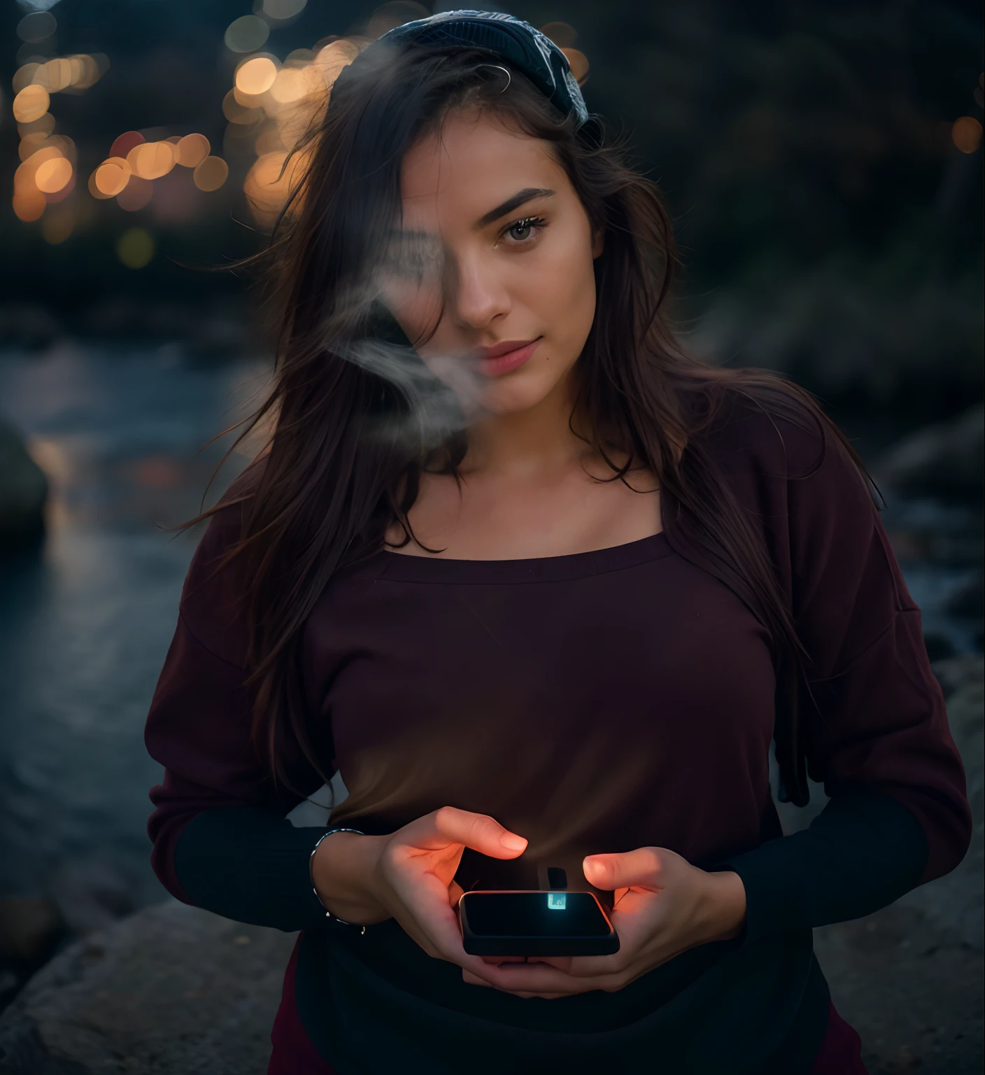 photorealistic, best quality, hyper detailed, beautiful woman, selfie photo, upper body, solo, wearing pullover, outdoors, (night), mountains, real life nature, stars, moon, (cheerful, happy), sleeping bag, gloves, sweater, beanie, flashlight, forest, rocks, river, wood, smoke, fog, clear sky, analog style, looking at viewer, skin texture, film grain, close up, ultra high res, best shadow, RAW, instagram LUT