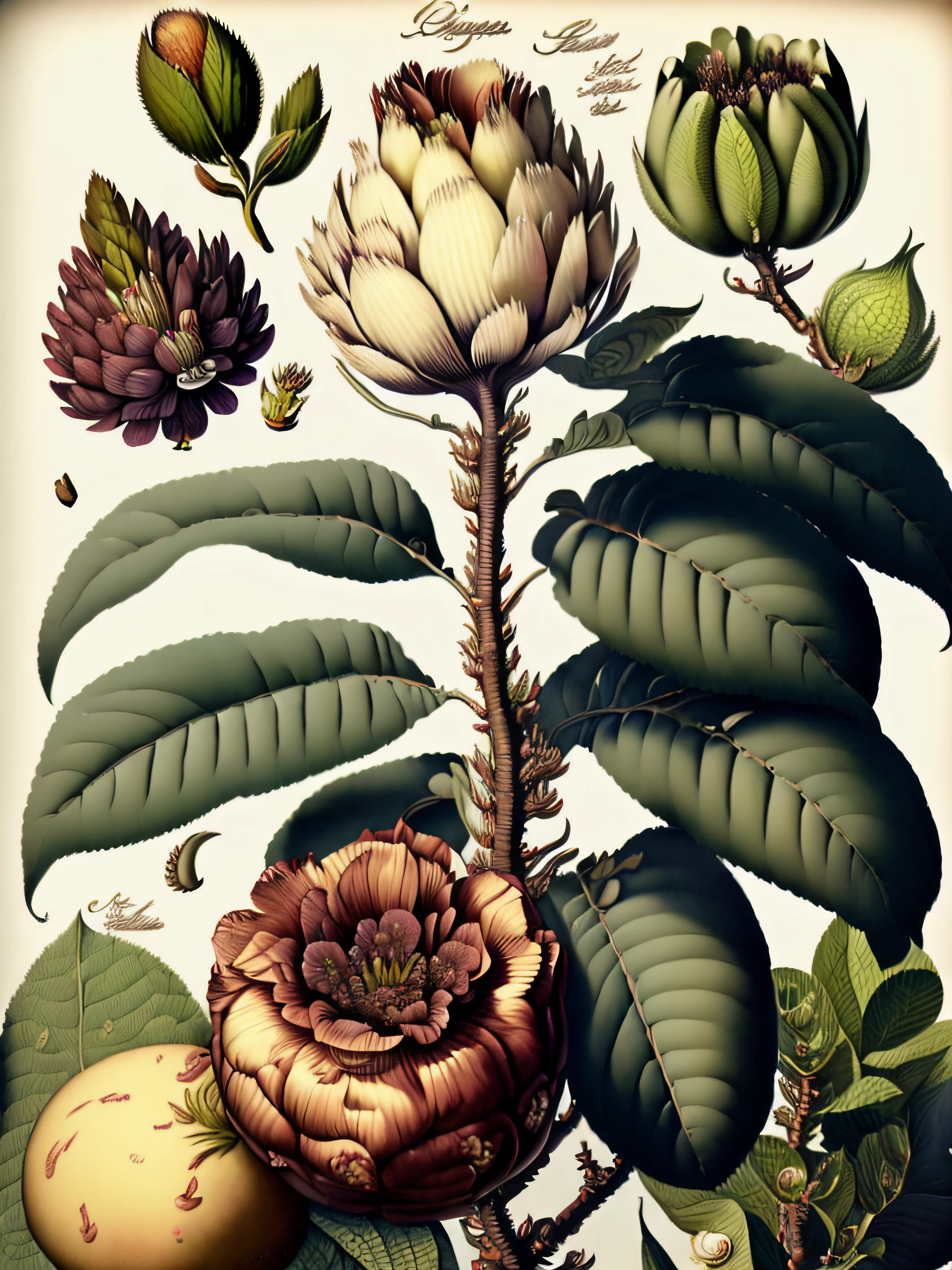 Guava varieties, botanical illustration, white background, extremely detailed, style of Pierre-Joseph Redoute, cartoon, Toon, ghibli, Dofus theme