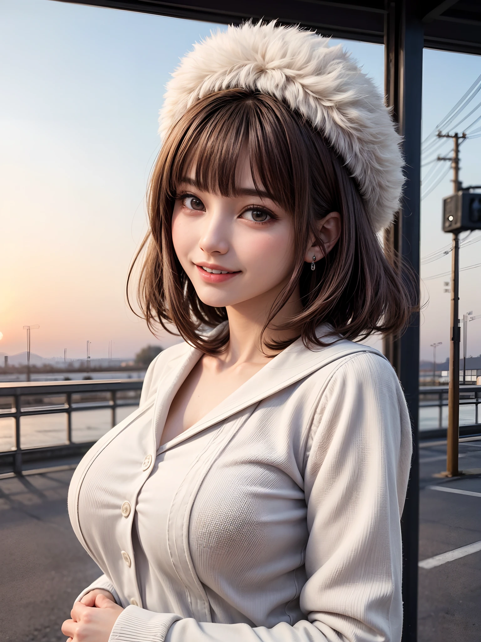 (masterpiece, top-quality、Very attractive adult beauty、Add intense highlights to the eyes),1girl in, 独奏, A dark-haired, scarf, Hats,, realisitic, looking at the viewers, black eyes of light color, shorth hair, coat, Winter clothes, White headscarf, s lips, lipgloss,bangss, The upper part of the body、big eye、Lashes)、((Road system in Italy))、((Shorthair with bangs、big eye、Put very strong highlights in your students、very Bigger breasts、gazing at viewer、Very beautiful beauty、Put your ears out、long neck、little smiling、Beautiful teeth、Open your mouth and smile))、28 year old、Very cute supermodel